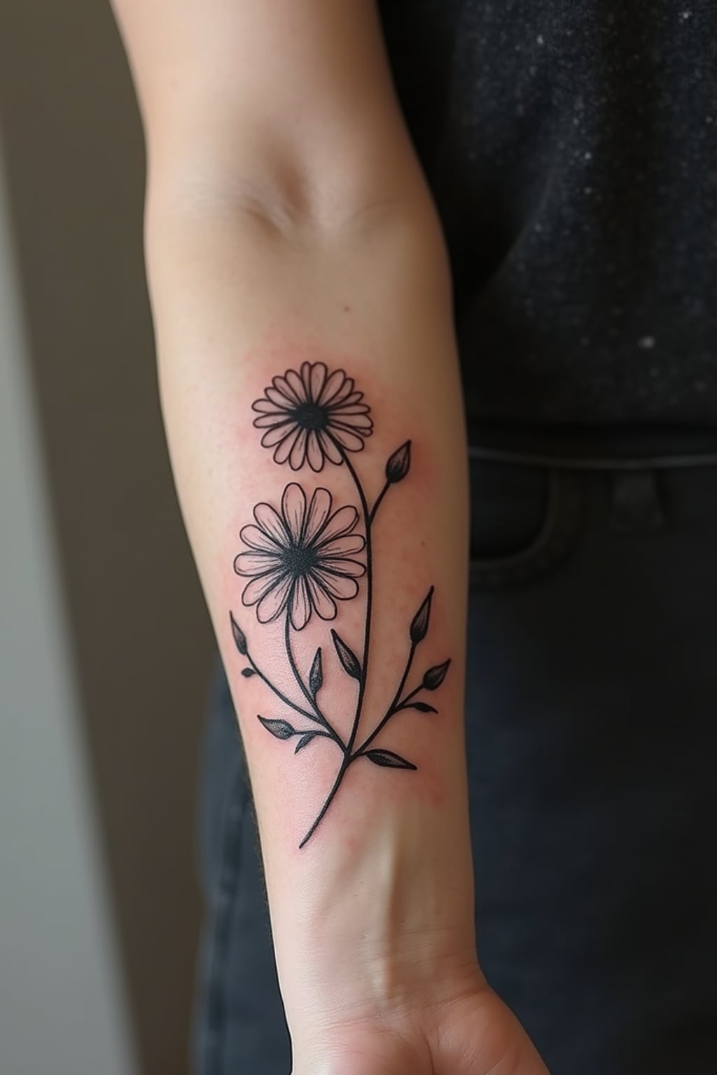 Model with a minimalist fine-line tattoos on the arm and wrist. Elegant floral design wrapping around the forearm . Subtle and stylish body art.