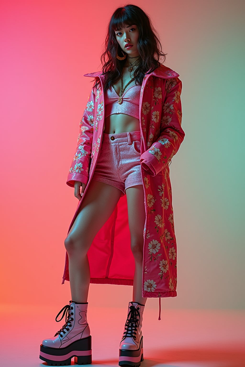 High-fashion E-Girl editorial shoot. Dressed in Y2K aesthetic, platform shoes, bold accessories . AI fashion-forward portrait.