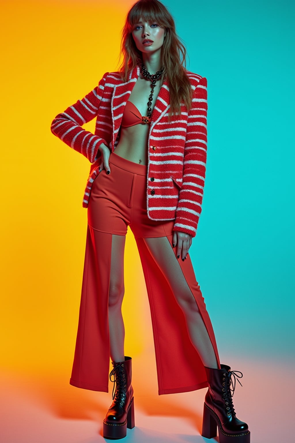 High-fashion E-Girl editorial shoot. Dressed in Y2K aesthetic, platform shoes, bold accessories . AI fashion-forward portrait.