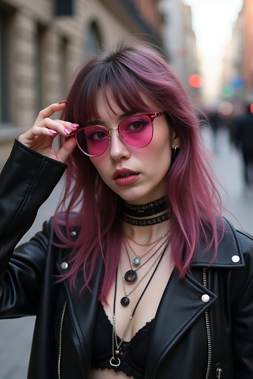 Alternative fashion, edgy attitude, street photography vibes. Pink-tinted glasses, dark choker, expressive pose . TikTok and Instagram style.