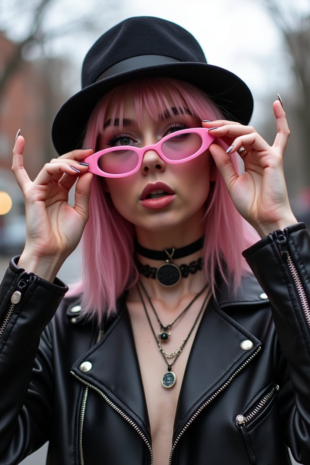 Alternative fashion, edgy attitude, street photography vibes. Pink-tinted glasses, dark choker, expressive pose . TikTok and Instagram style.