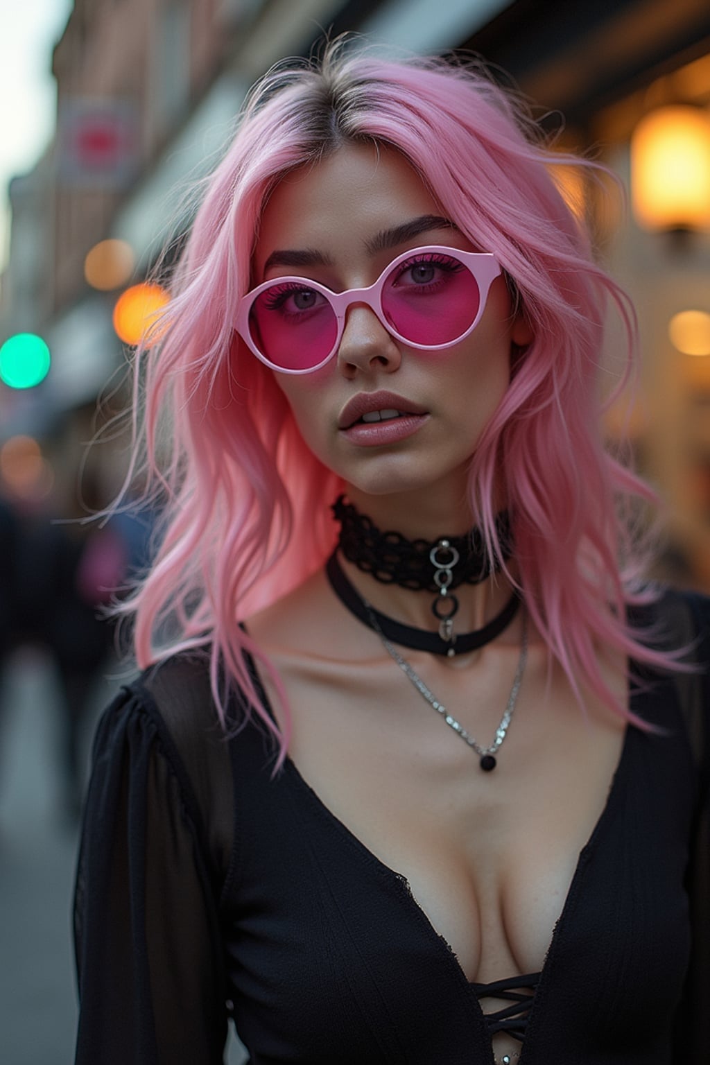Alternative fashion, edgy attitude, street photography vibes. Pink-tinted glasses, dark choker, expressive pose . TikTok and Instagram style.