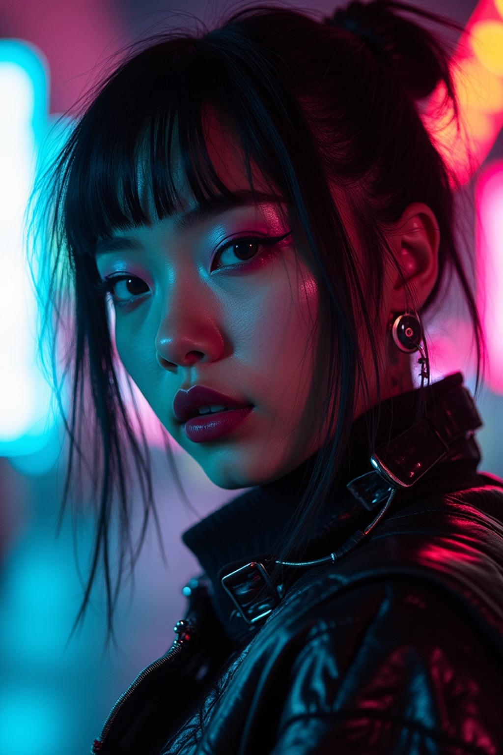 Cyberpunk E-Girl transformation. Dark lipstick, neon eyeliner, futuristic fashion . Tokyo street-style lighting.