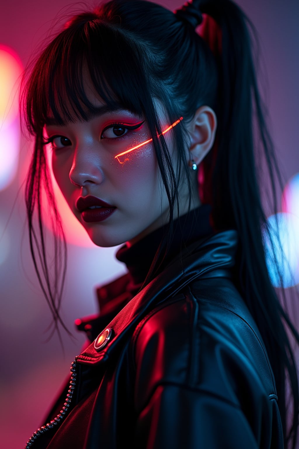 Cyberpunk E-Girl transformation. Dark lipstick, neon eyeliner, futuristic fashion . Tokyo street-style lighting.