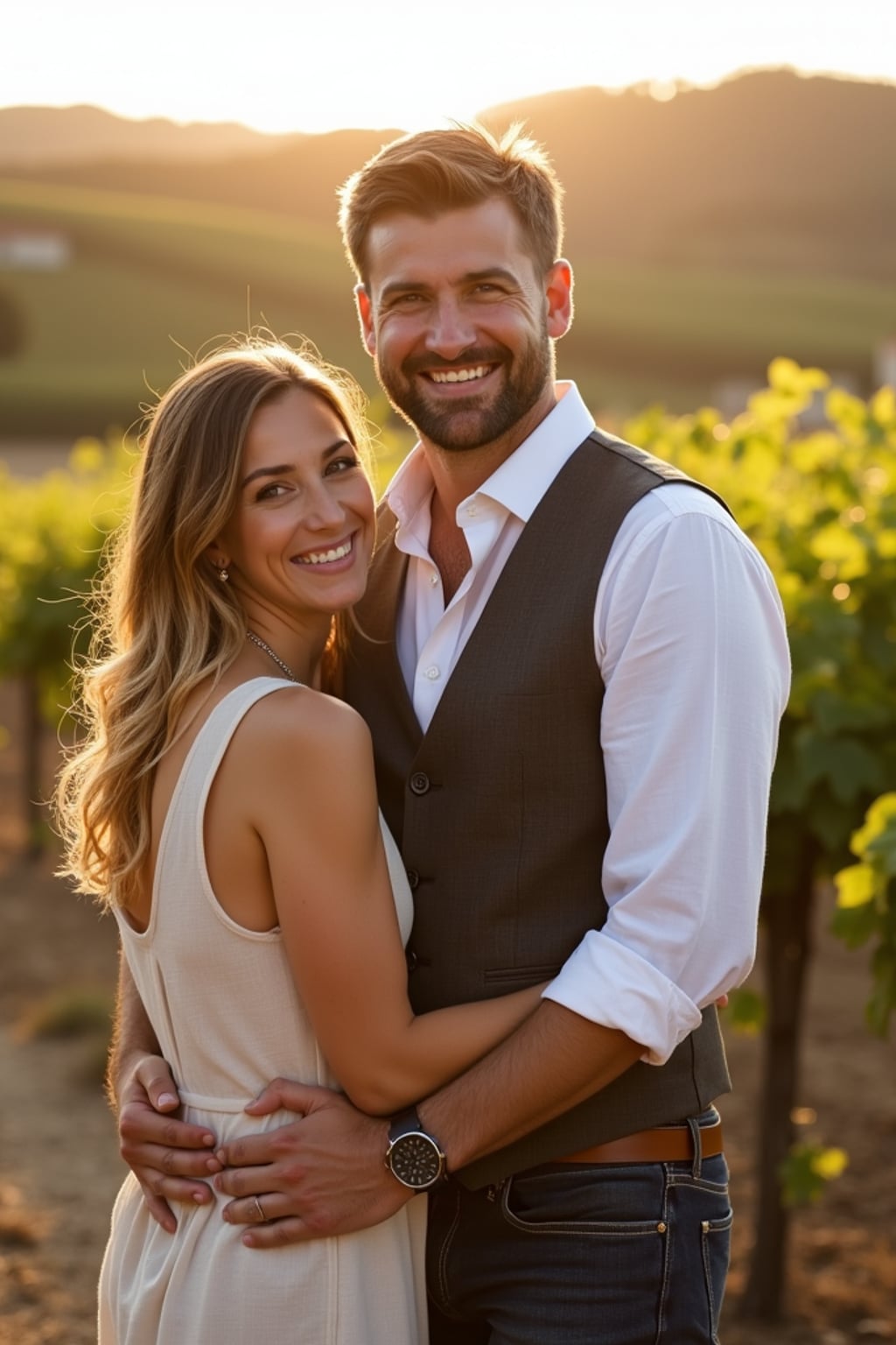 Engagement photoshoot at a vineyard or countryside.  Wearing a casual linen shirt and vest . Warm sunlight, scenic vineyard background.
