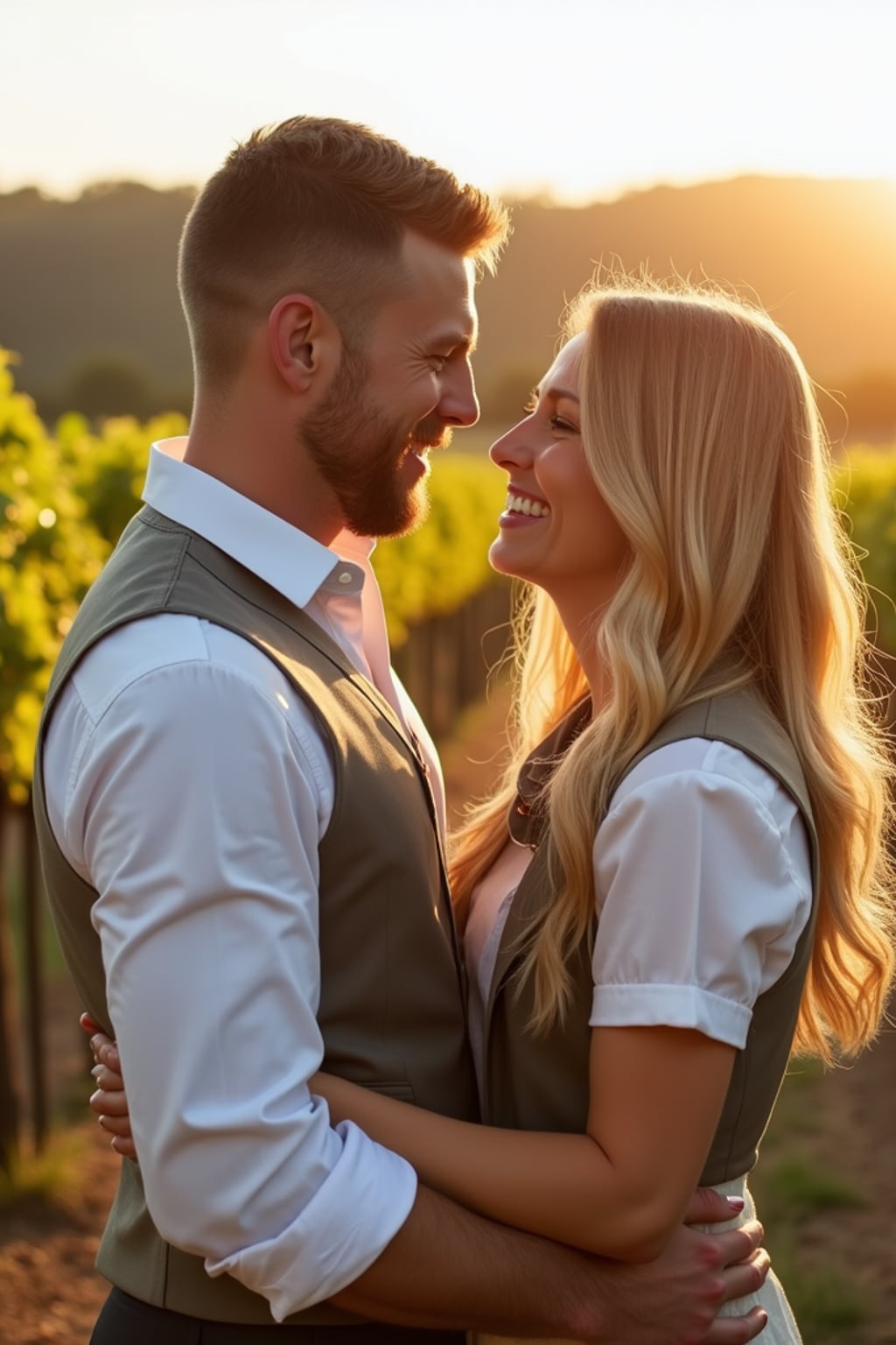 Engagement photoshoot at a vineyard or countryside.  Wearing a casual linen shirt and vest . Warm sunlight, scenic vineyard background.