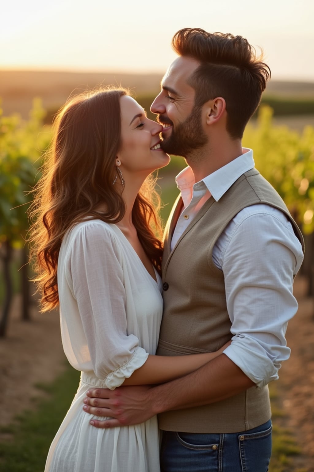 Engagement photoshoot at a vineyard or countryside.  Wearing a casual linen shirt and vest . Warm sunlight, scenic vineyard background.