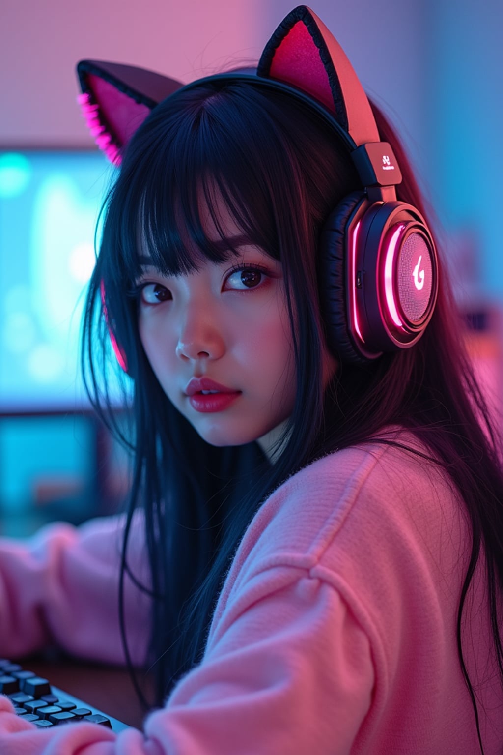 Gaming E-Girl photoshoot. Cat ear headphones, neon-lit gaming room, pastel sweater . Streaming setup aesthetic.