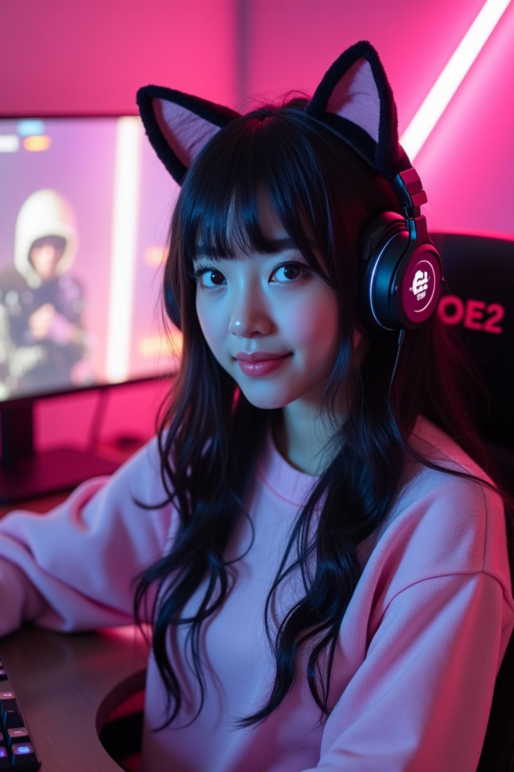 Gaming E-Girl photoshoot. Cat ear headphones, neon-lit gaming room, pastel sweater . Streaming setup aesthetic.