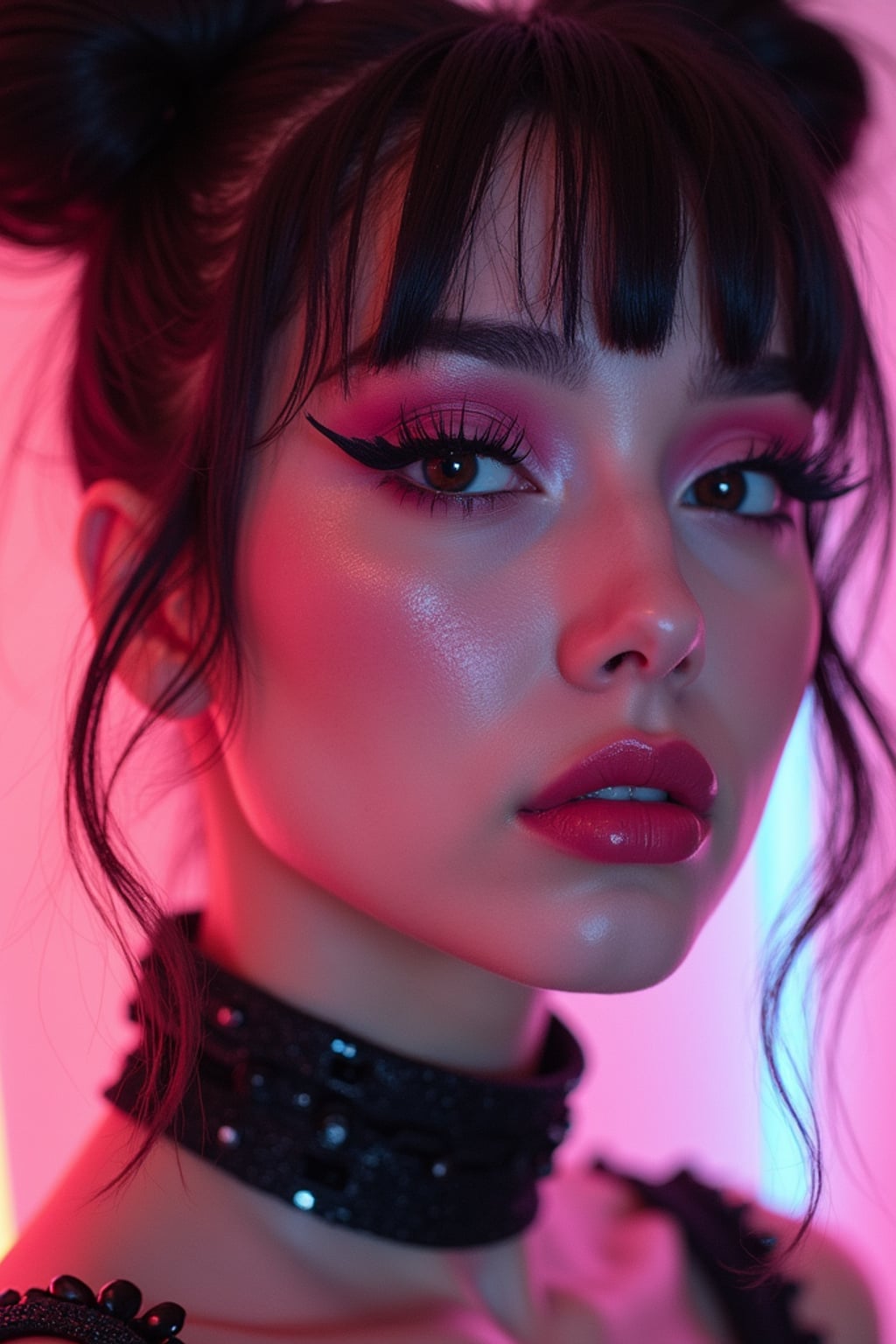 Close-up E-Girl portrait with soft goth makeup. Blush-heavy cheeks, glossy lips, dramatic eyeliner, space buns hairstyle . Neon cyberpunk background.