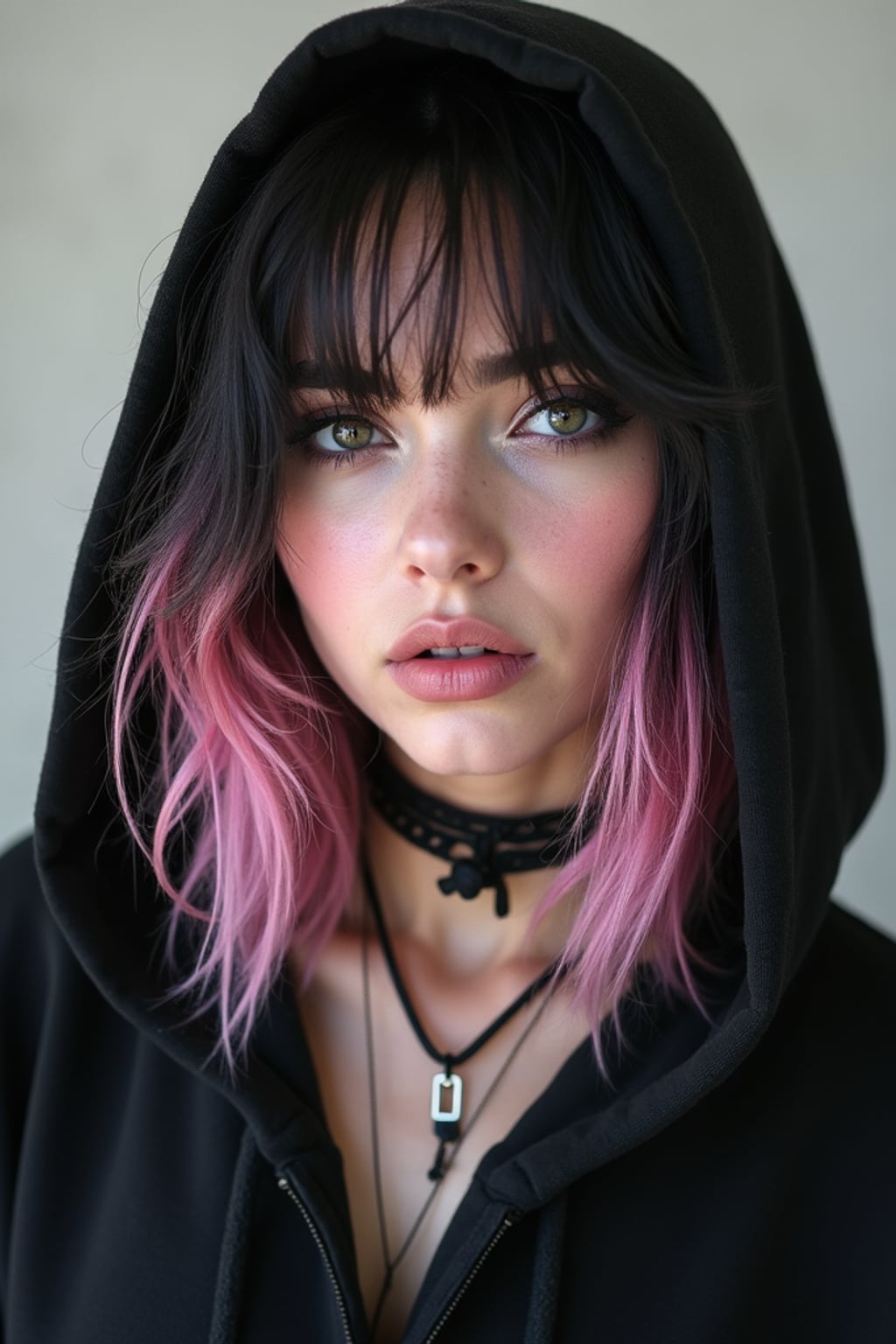 Model as an E-Girl. Wearing a black oversized hoodie, choker necklace, heavy winged eyeliner, split-dyed pastel pink and black hair . Edgy alternative fashion, TikTok aesthetic.
