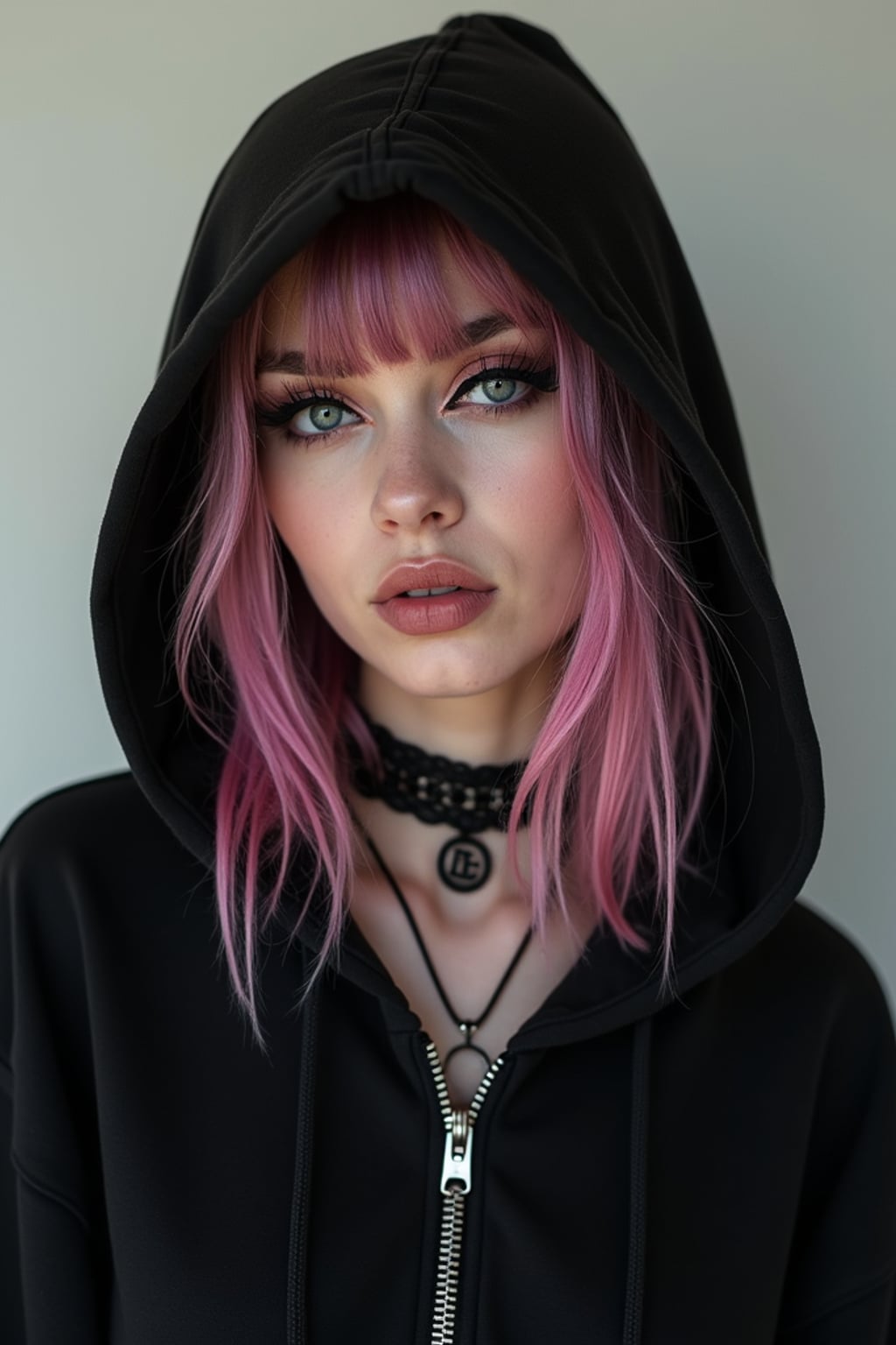 Model as an E-Girl. Wearing a black oversized hoodie, choker necklace, heavy winged eyeliner, split-dyed pastel pink and black hair . Edgy alternative fashion, TikTok aesthetic.