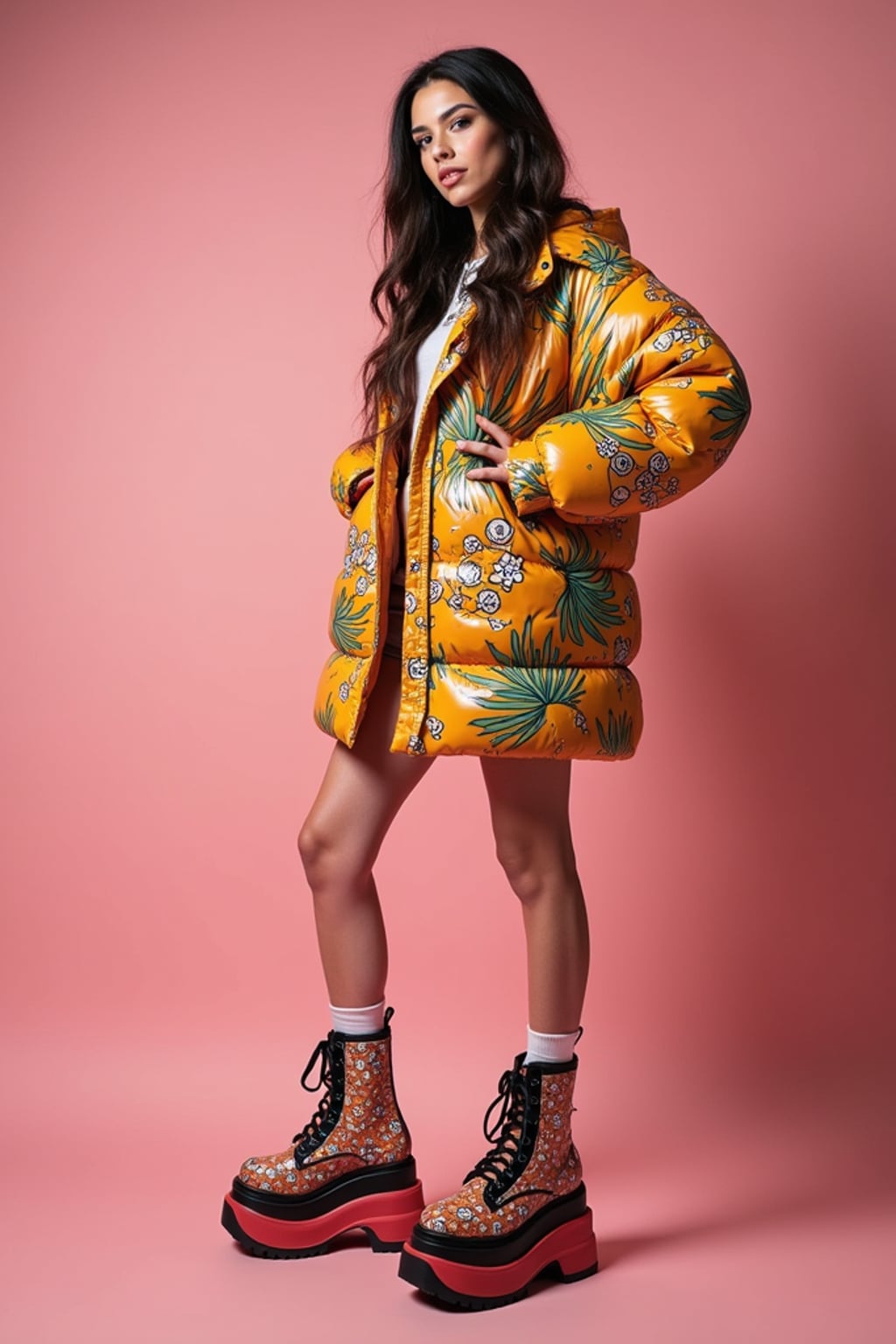 High-fashion E-Girl editorial shoot. Dressed in Y2K aesthetic, platform shoes, bold accessories . AI fashion-forward portrait.