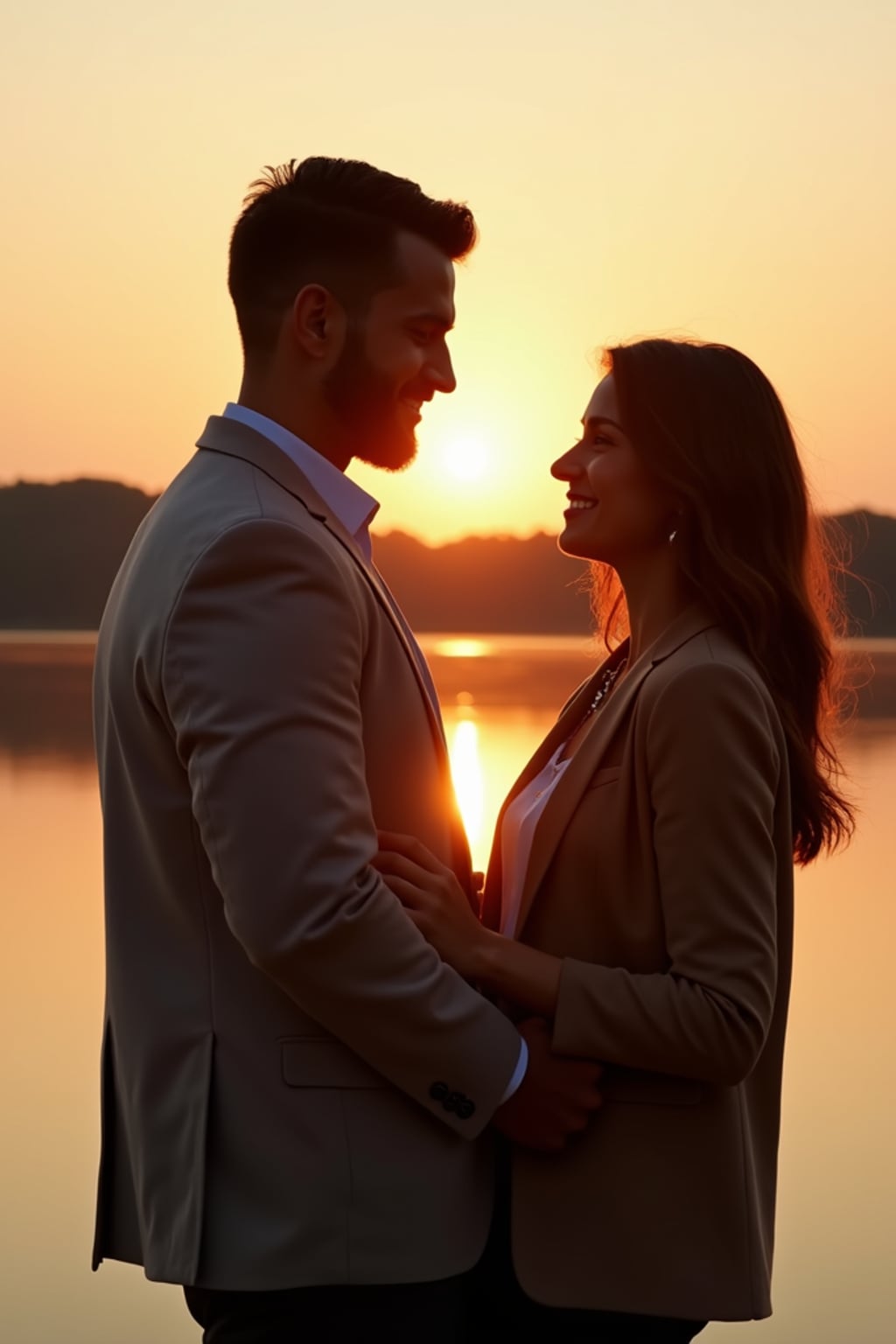 Sunset engagement shoot by a lake.  Wearing a relaxed dress shirt and blazer . Water reflecting golden hues, serene and romantic atmosphere.