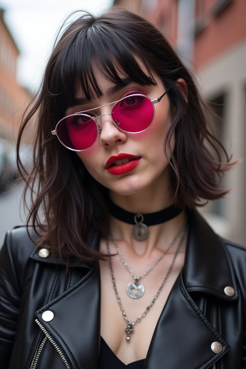 Alternative fashion, edgy attitude, street photography vibes. Pink-tinted glasses, dark choker, expressive pose . TikTok and Instagram style.