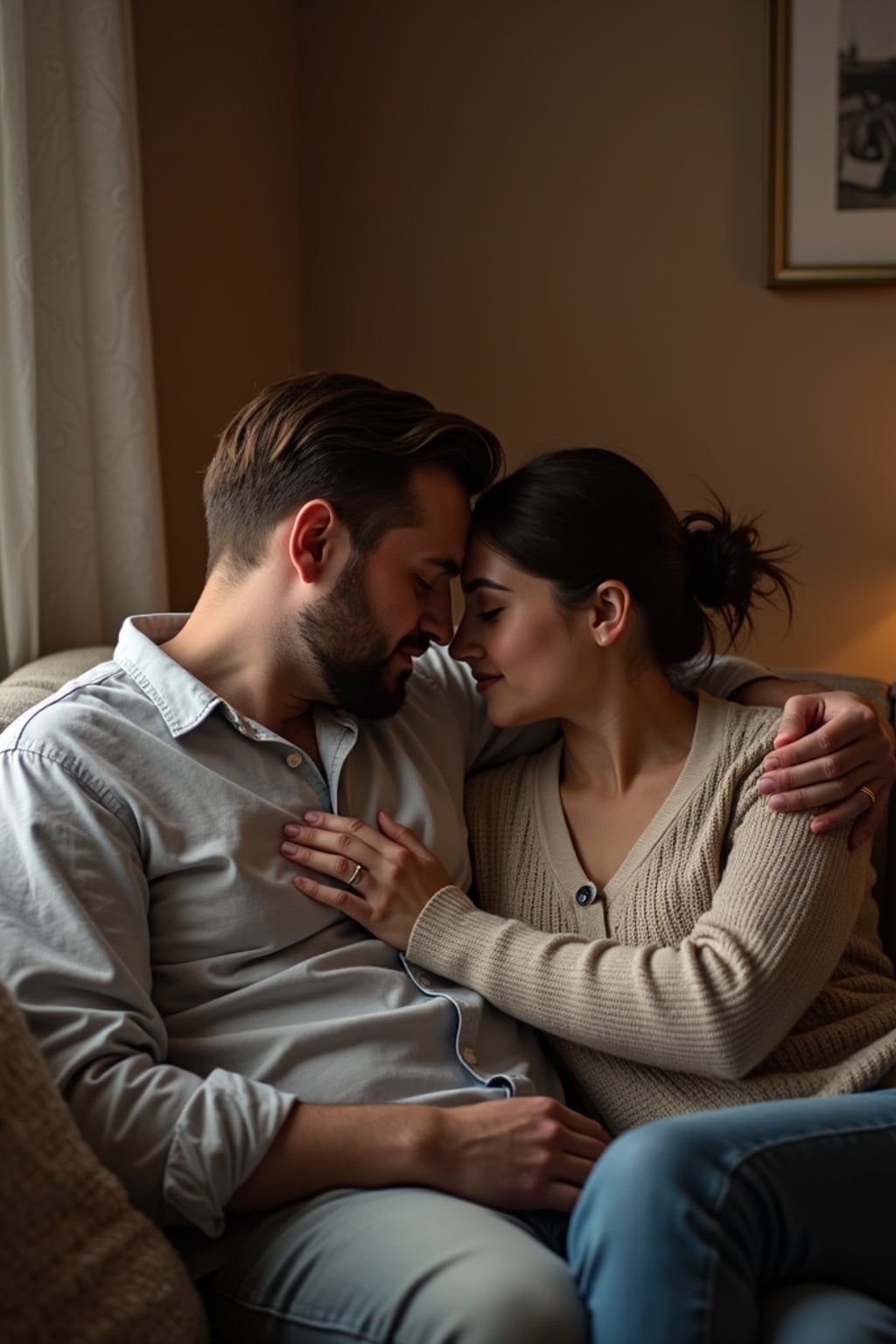 Cozy and intimate engagement photoshoot at home.  Wearing a relaxed casual outfit . Cuddling on the couch, warm and intimate lighting.