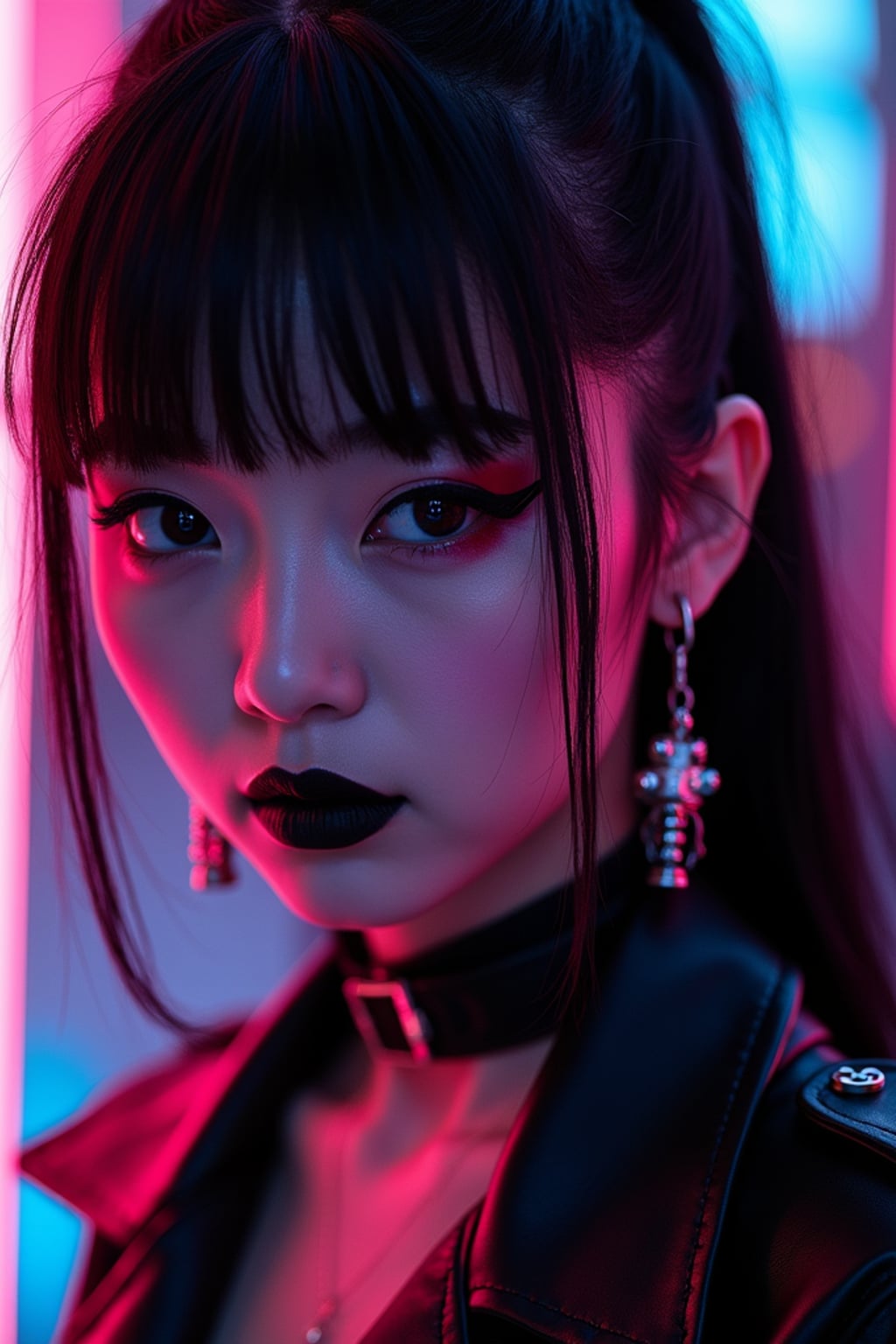 Cyberpunk E-Girl transformation. Dark lipstick, neon eyeliner, futuristic fashion . Tokyo street-style lighting.
