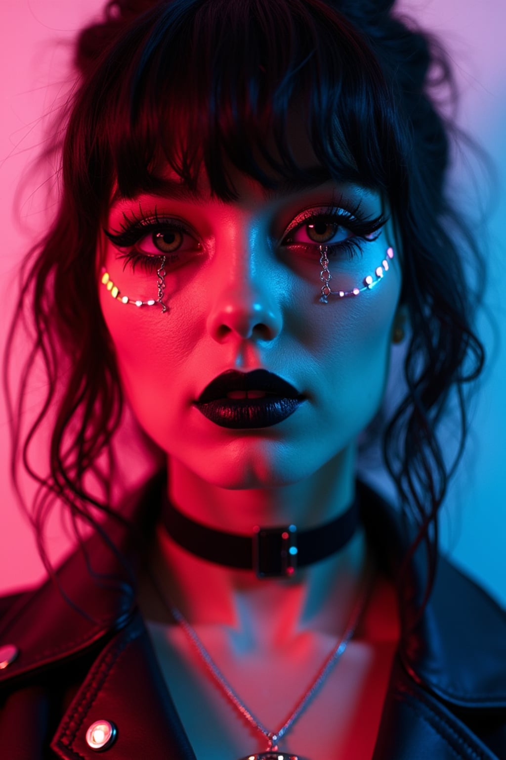 Cyberpunk E-Girl transformation. Dark lipstick, neon eyeliner, futuristic fashion . Tokyo street-style lighting.