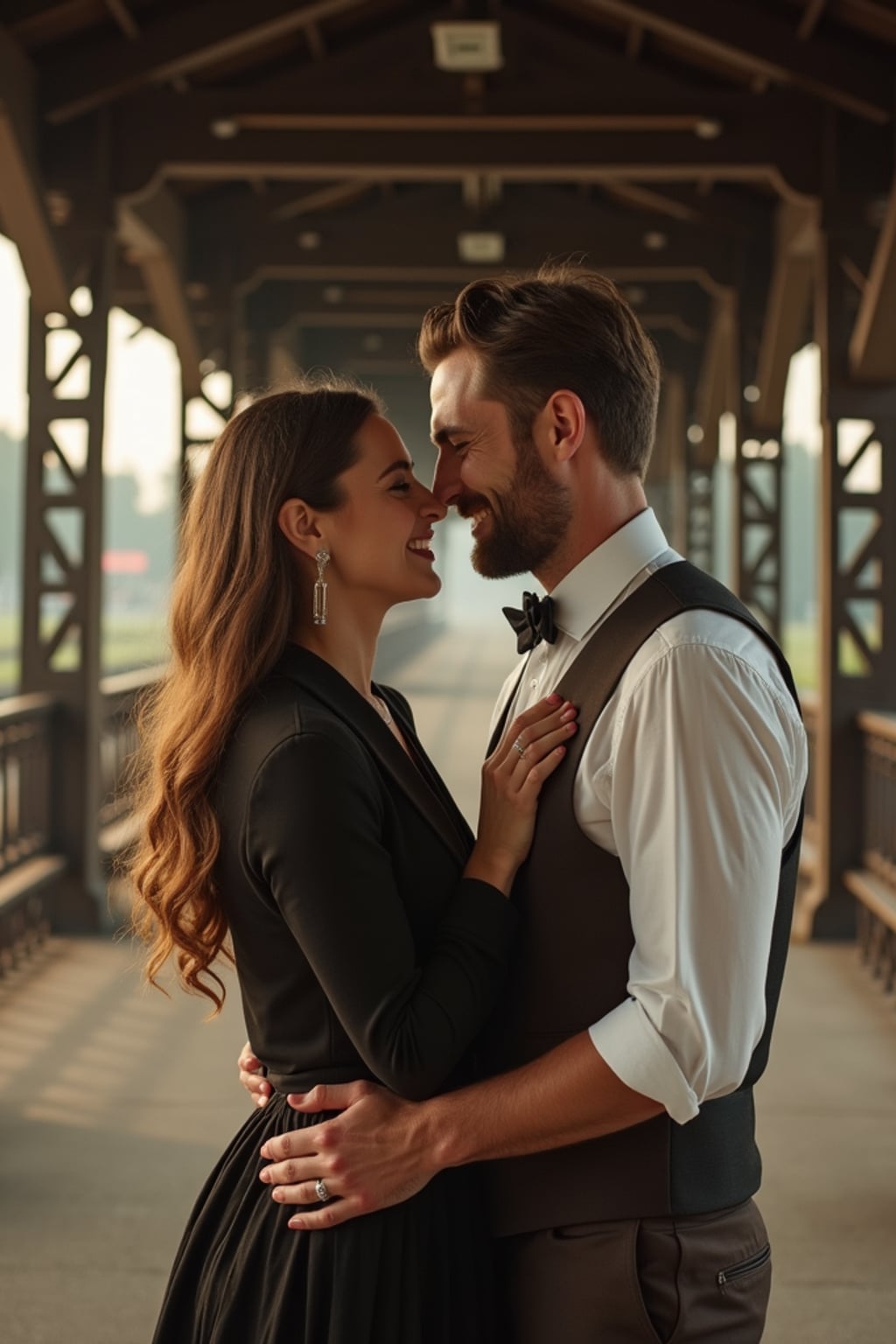 Cinematic engagement shoot at a vintage train station.  Wearing a classic vest and bowtie . Classic romance movie aesthetic.