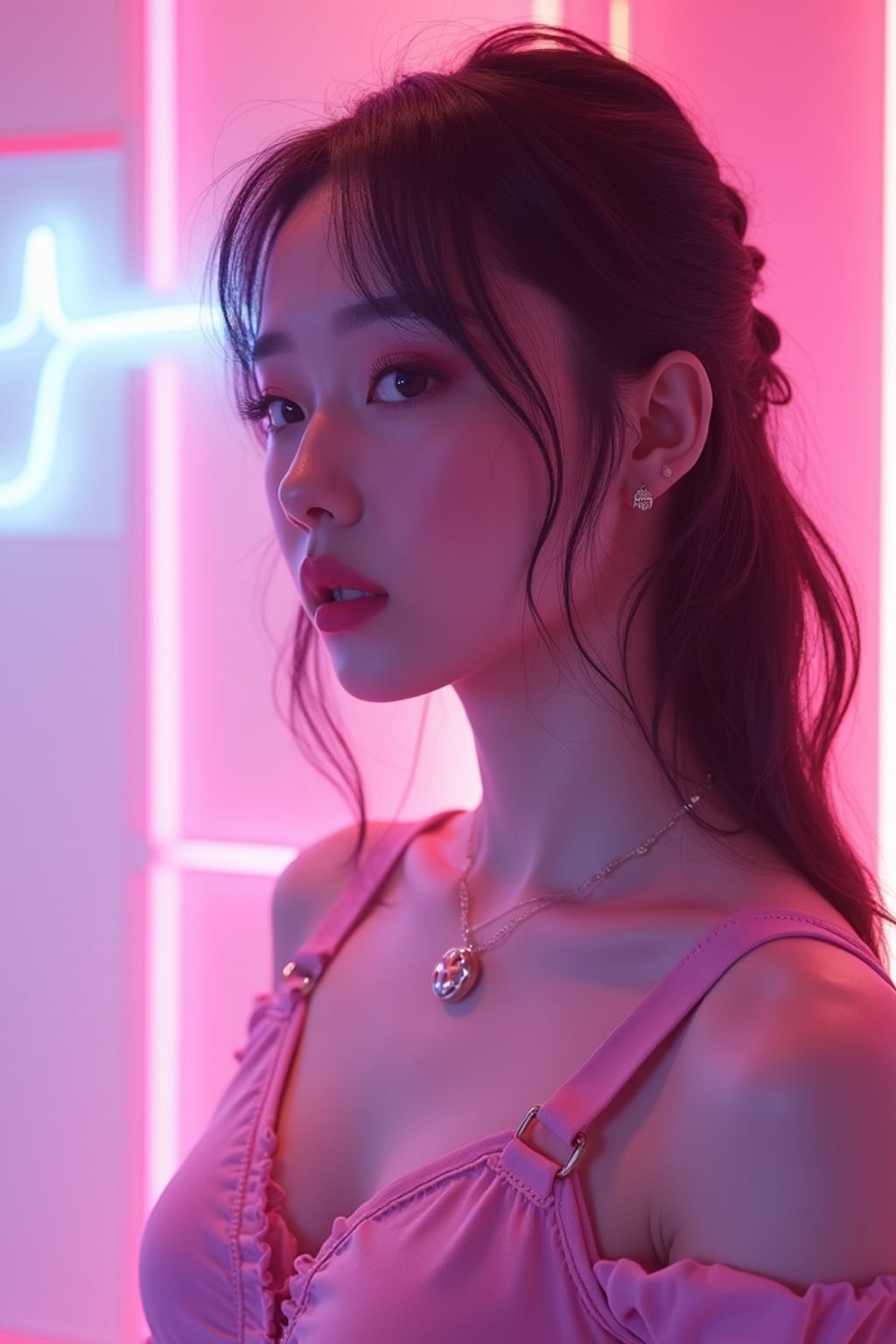 Vaporwave E-Girl aesthetic, dreamy lighting, soft neon glow. Wearing a pastel aesthetic outfit, subtle anime influence . Soft dreamy effect.