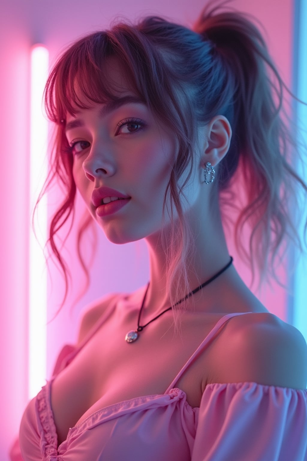Vaporwave E-Girl aesthetic, dreamy lighting, soft neon glow. Wearing a pastel aesthetic outfit, subtle anime influence . Soft dreamy effect.