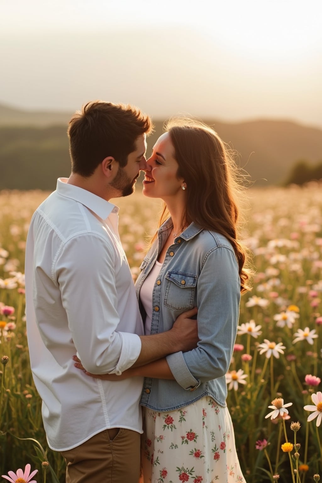 Whimsical engagement shoot in a field of flowers.  Wearing a relaxed button-up shirt . Romantic and dreamy setting.