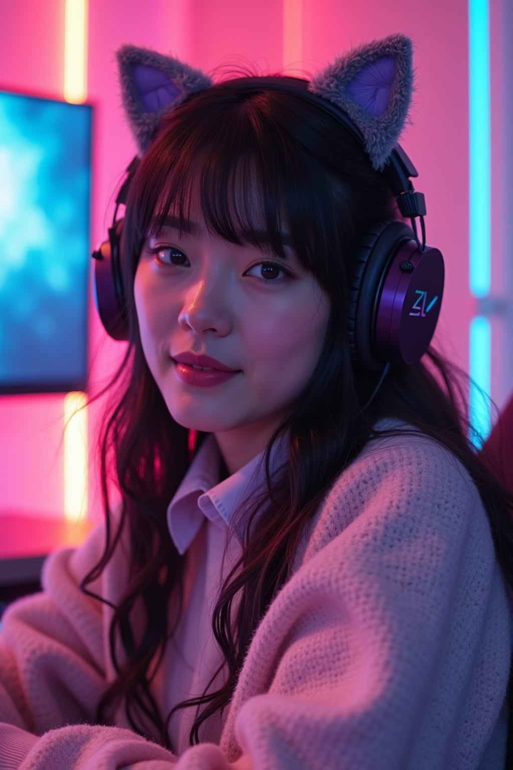 Gaming E-Girl photoshoot. Cat ear headphones, neon-lit gaming room, pastel sweater . Streaming setup aesthetic.