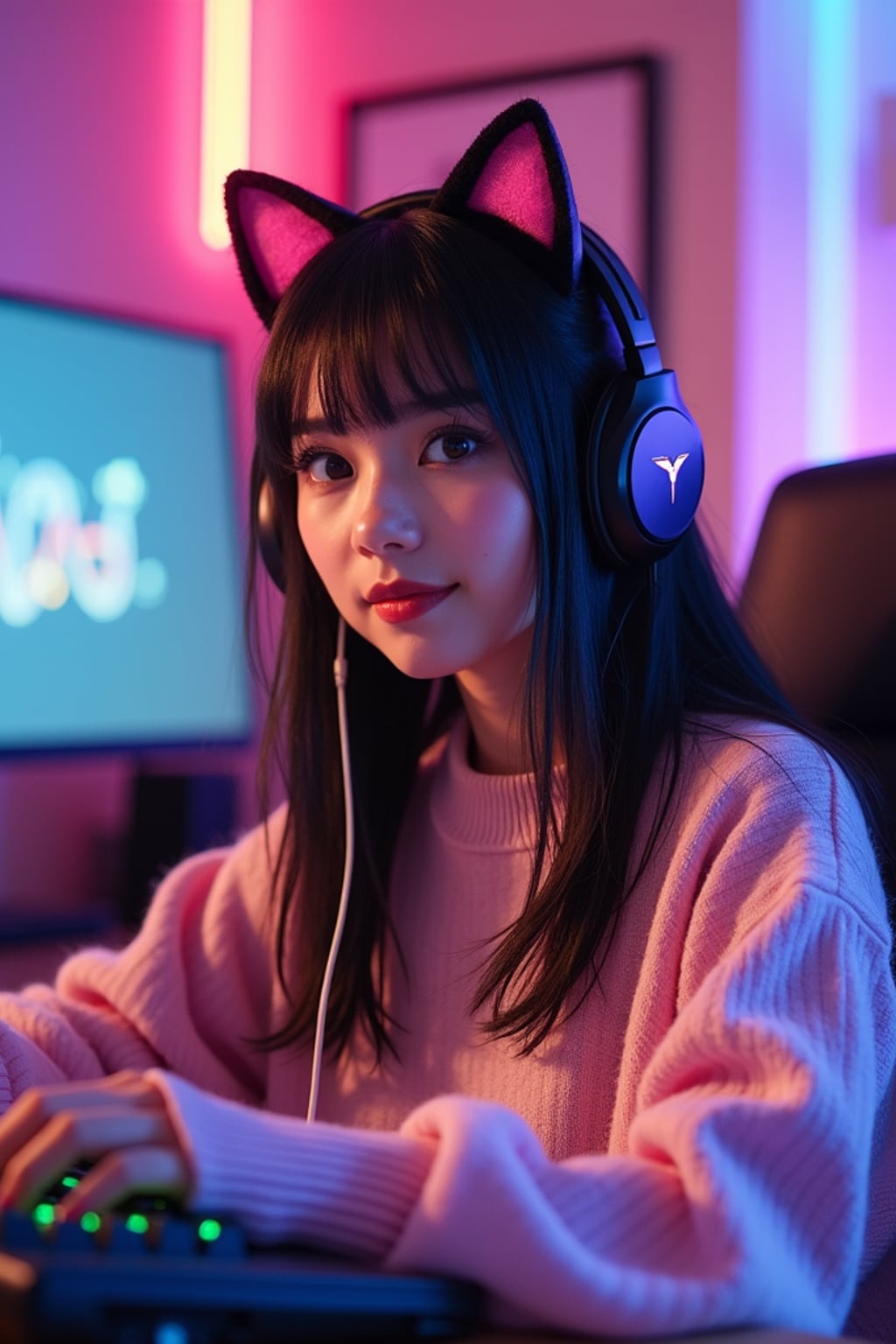 Gaming E-Girl photoshoot. Cat ear headphones, neon-lit gaming room, pastel sweater . Streaming setup aesthetic.