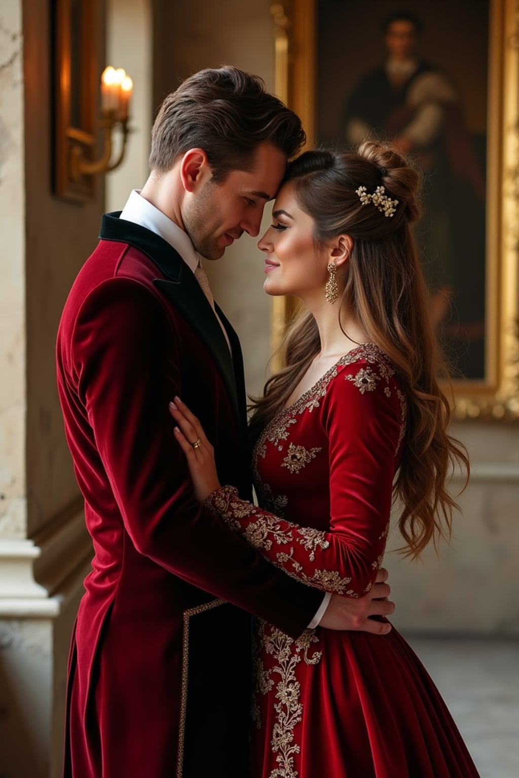 Fairytale-inspired engagement shoot in a castle setting.  Wearing a royal-inspired velvet suit . Romantic and regal ambiance.