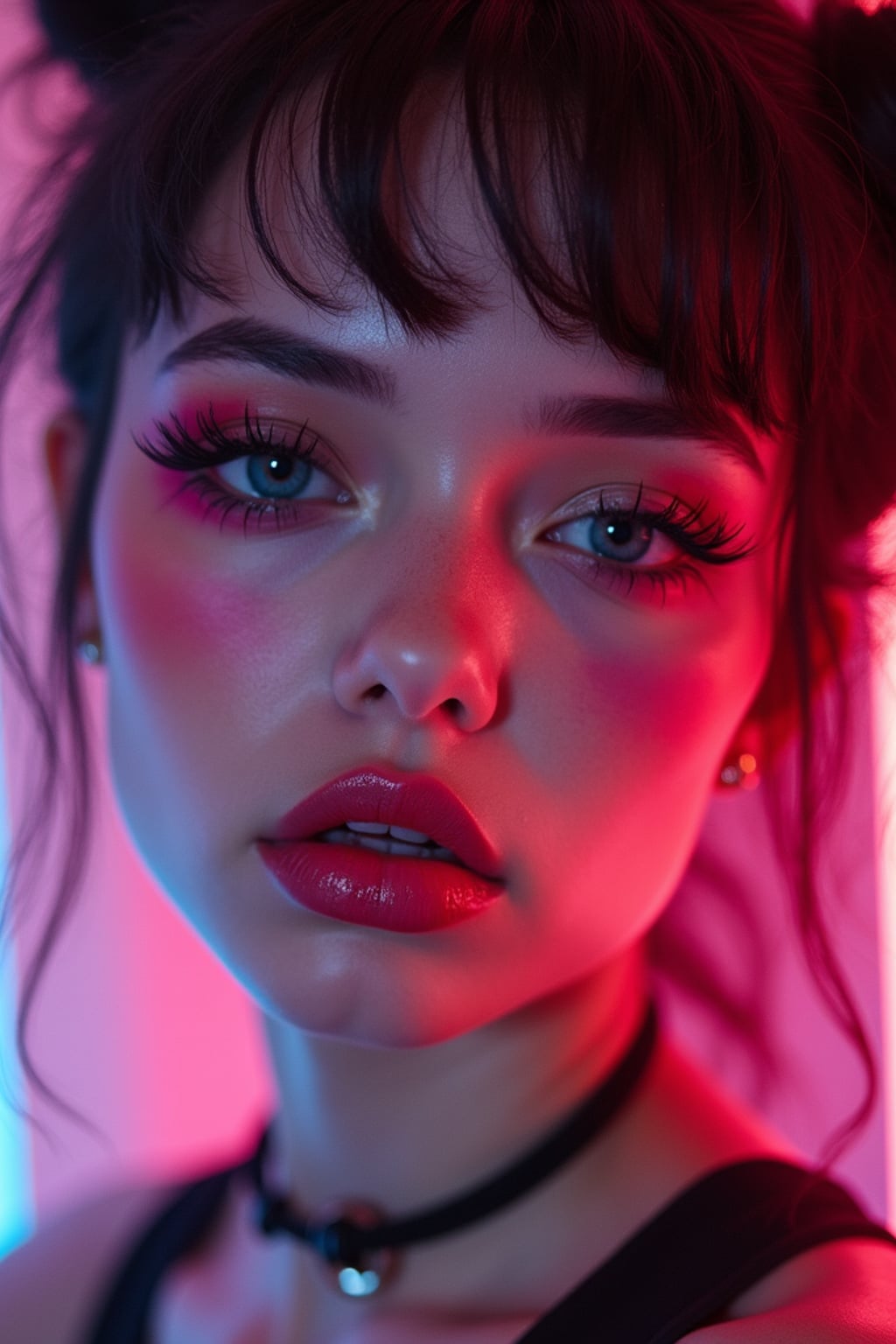 Close-up E-Girl portrait with soft goth makeup. Blush-heavy cheeks, glossy lips, dramatic eyeliner, space buns hairstyle . Neon cyberpunk background.