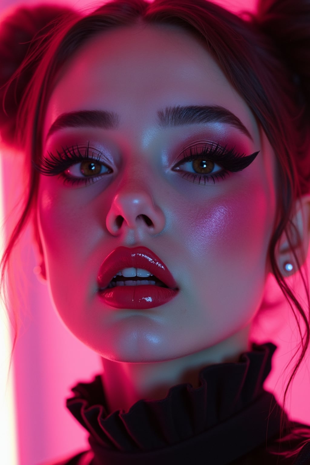 Close-up E-Girl portrait with soft goth makeup. Blush-heavy cheeks, glossy lips, dramatic eyeliner, space buns hairstyle . Neon cyberpunk background.