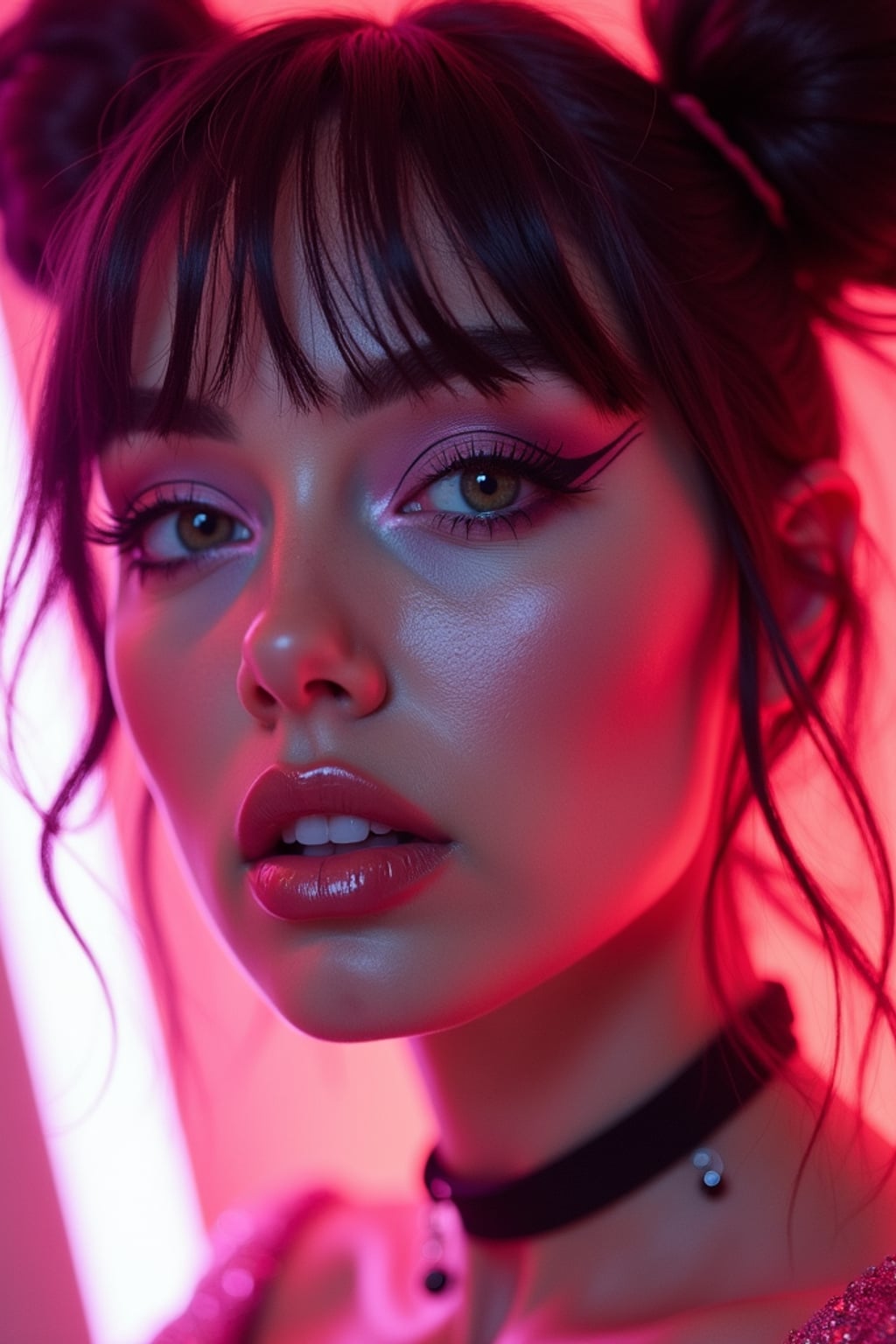 Close-up E-Girl portrait with soft goth makeup. Blush-heavy cheeks, glossy lips, dramatic eyeliner, space buns hairstyle . Neon cyberpunk background.