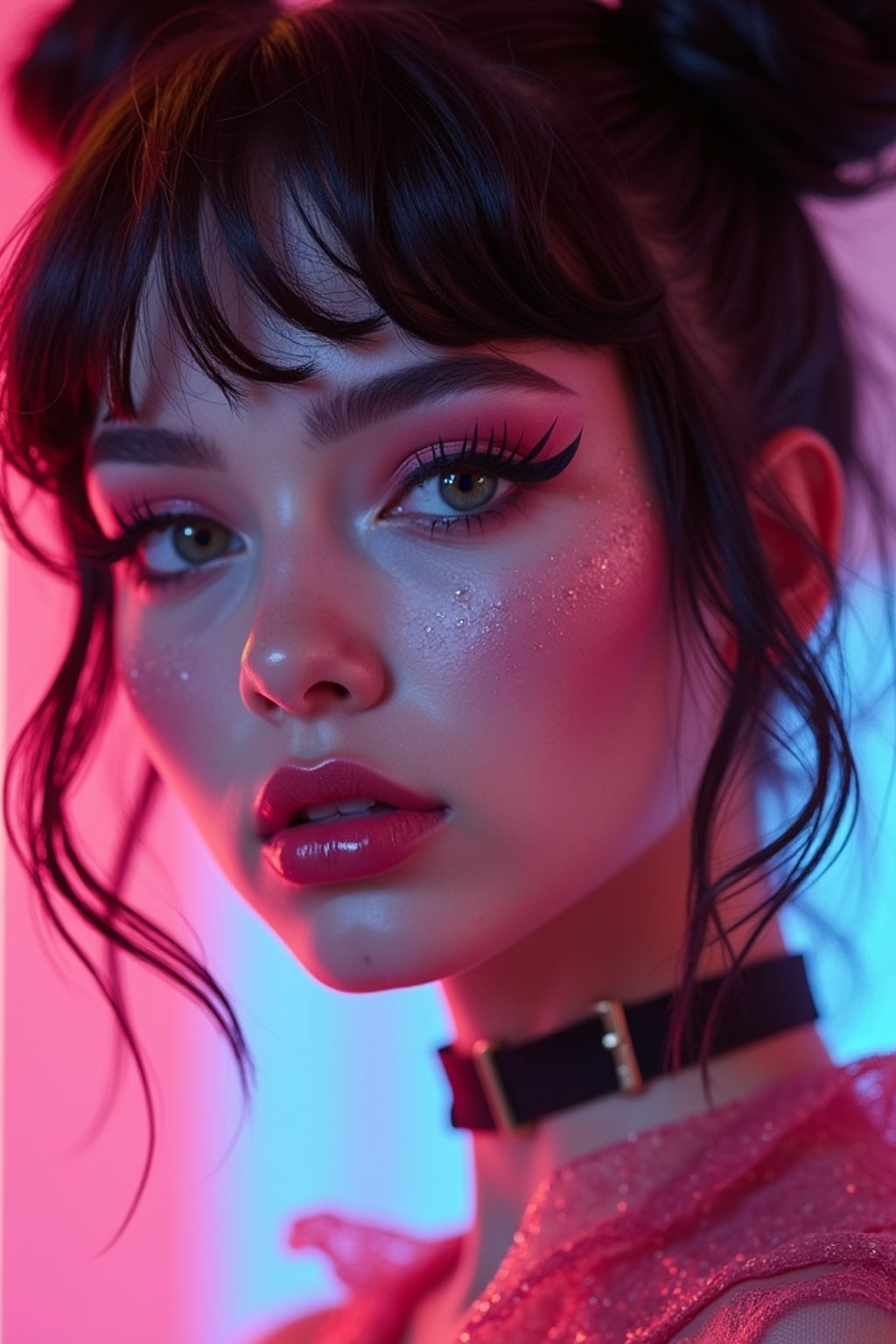 Close-up E-Girl portrait with soft goth makeup. Blush-heavy cheeks, glossy lips, dramatic eyeliner, space buns hairstyle . Neon cyberpunk background.