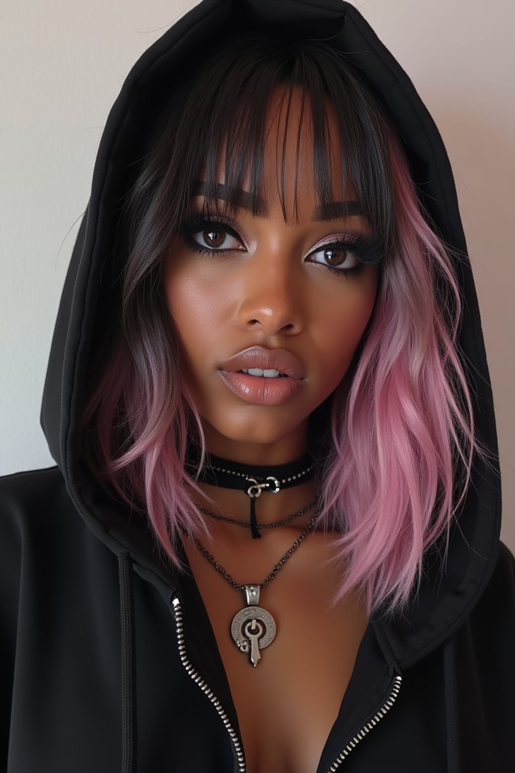 Model as an E-Girl. Wearing a black oversized hoodie, choker necklace, heavy winged eyeliner, split-dyed pastel pink and black hair . Edgy alternative fashion, TikTok aesthetic.