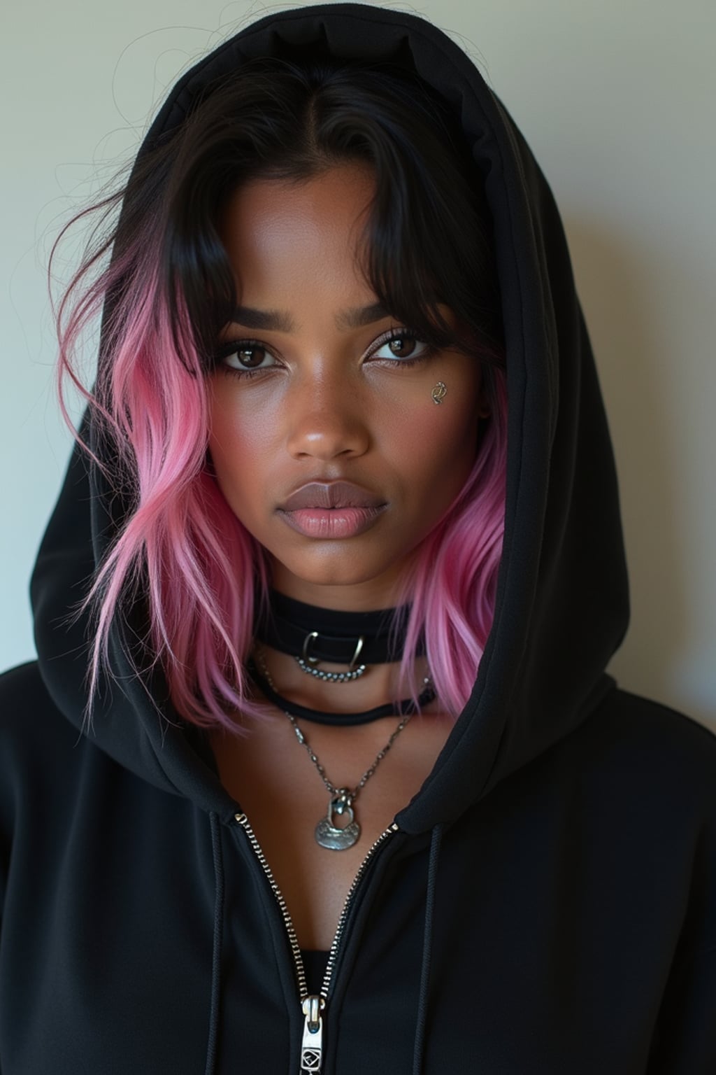 Model as an E-Girl. Wearing a black oversized hoodie, choker necklace, heavy winged eyeliner, split-dyed pastel pink and black hair . Edgy alternative fashion, TikTok aesthetic.