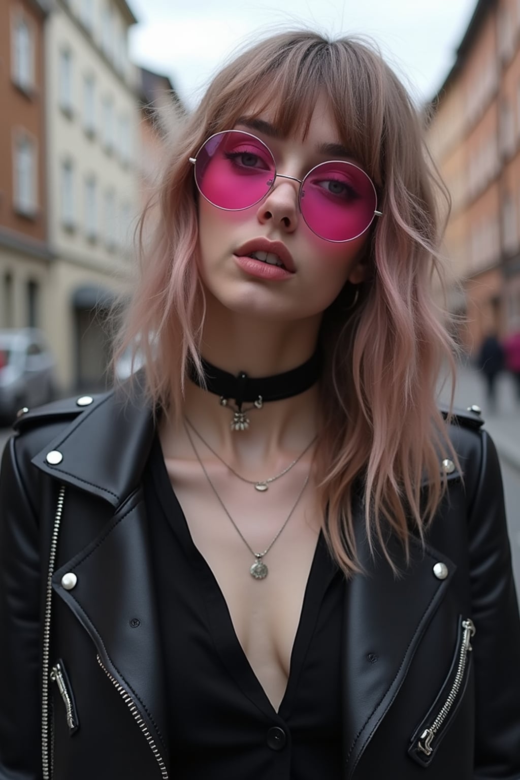 Alternative fashion, edgy attitude, street photography vibes. Pink-tinted glasses, dark choker, expressive pose . TikTok and Instagram style.