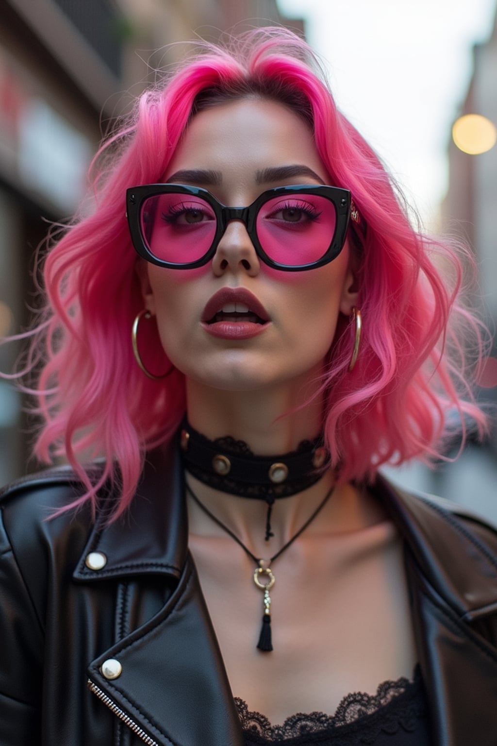 Alternative fashion, edgy attitude, street photography vibes. Pink-tinted glasses, dark choker, expressive pose . TikTok and Instagram style.