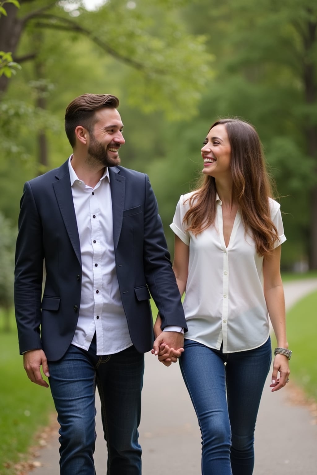 Candid engagement moment in a scenic park.  Wearing a casual blazer over a dress shirt . Laughing, walking hand in hand, surrounded by greenery.