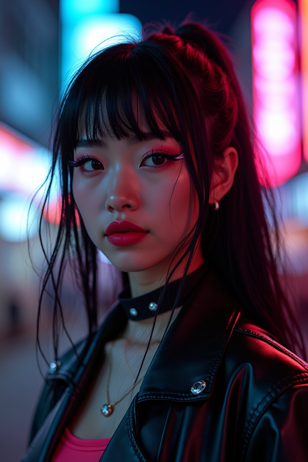 Cyberpunk E-Girl transformation. Dark lipstick, neon eyeliner, futuristic fashion . Tokyo street-style lighting.
