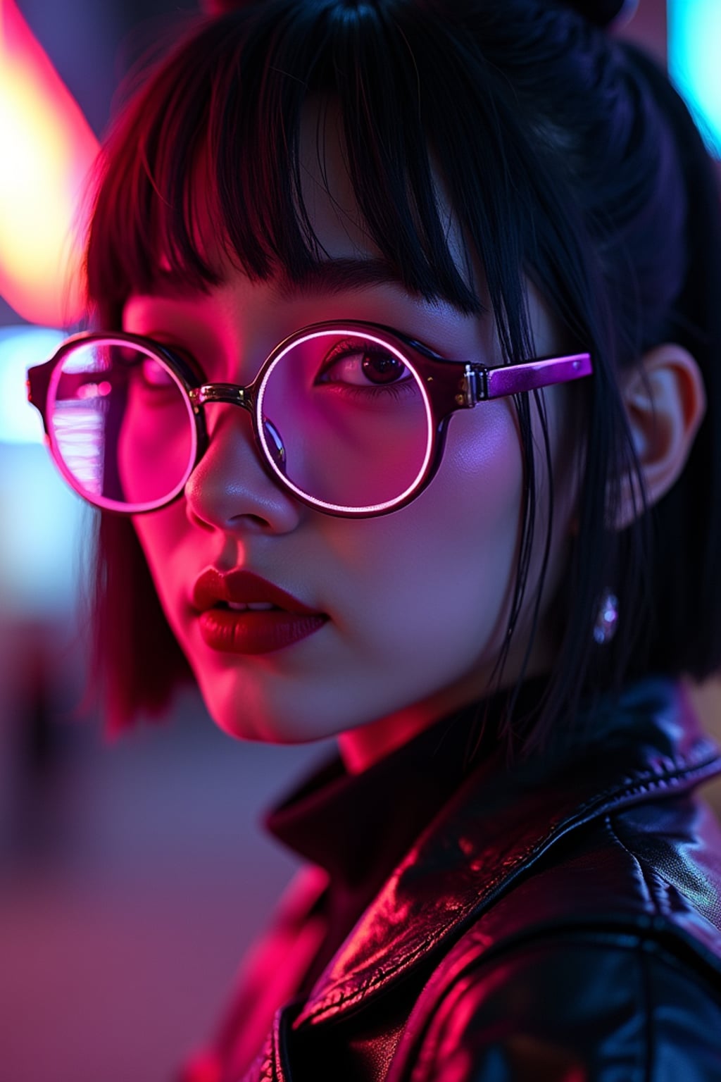 Cyberpunk E-Girl transformation. Dark lipstick, neon eyeliner, futuristic fashion . Tokyo street-style lighting.