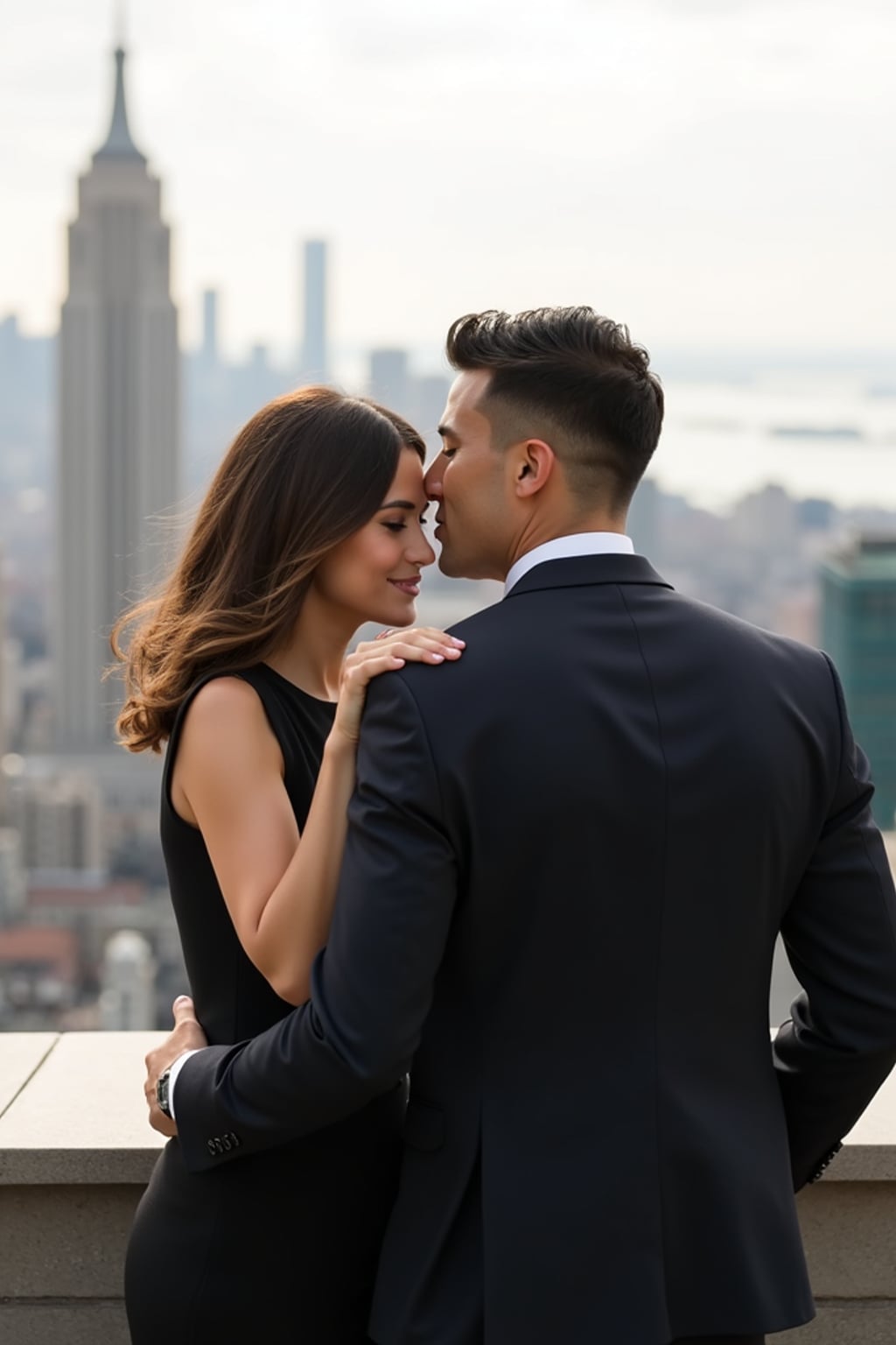 Luxury engagement photoshoot in a cityscape.  Wearing a tailored suit . Standing on a rooftop with a skyline view, high-end engagement photography.