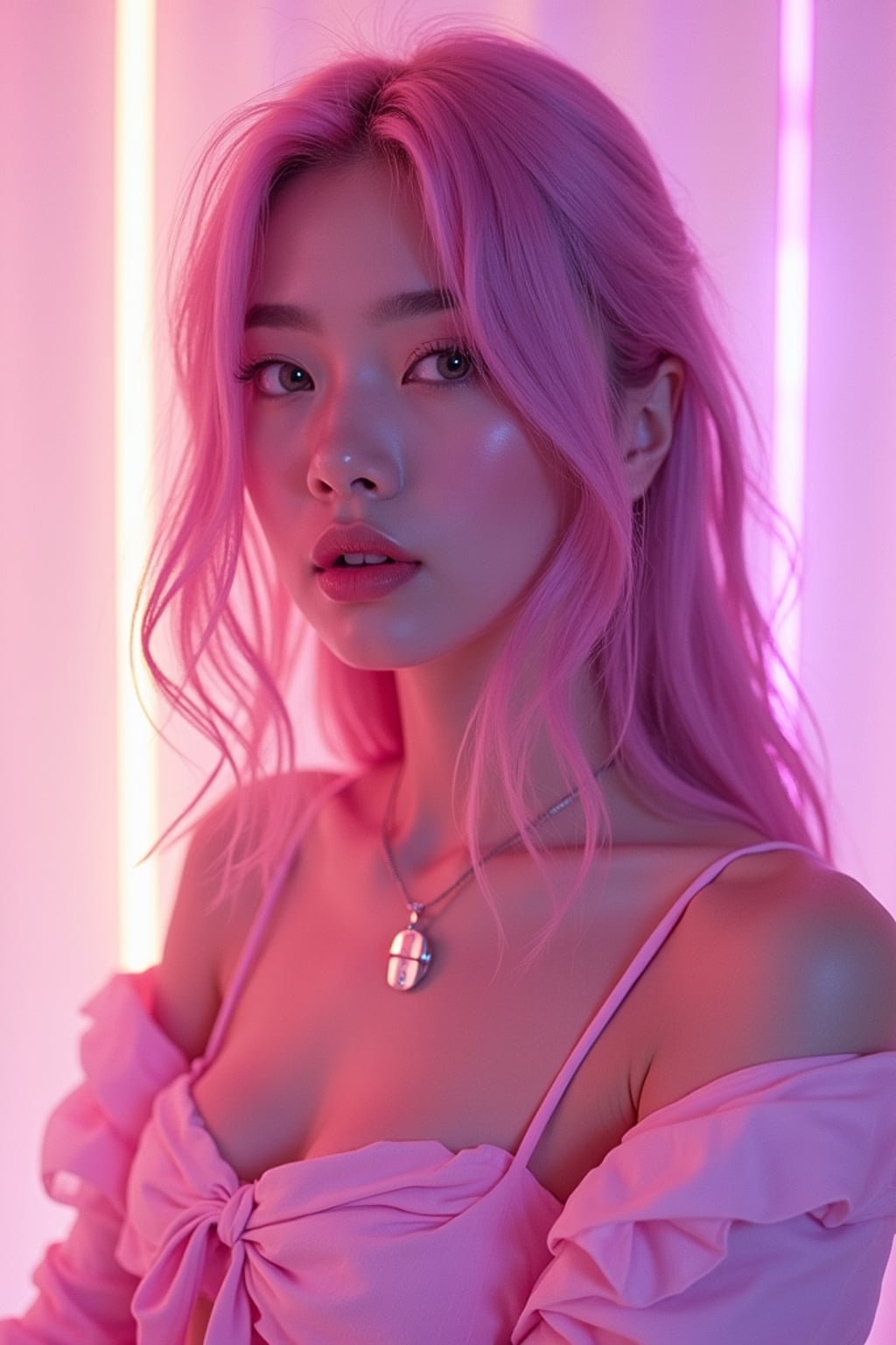 Vaporwave E-Girl aesthetic, dreamy lighting, soft neon glow. Wearing a pastel aesthetic outfit, subtle anime influence . Soft dreamy effect.