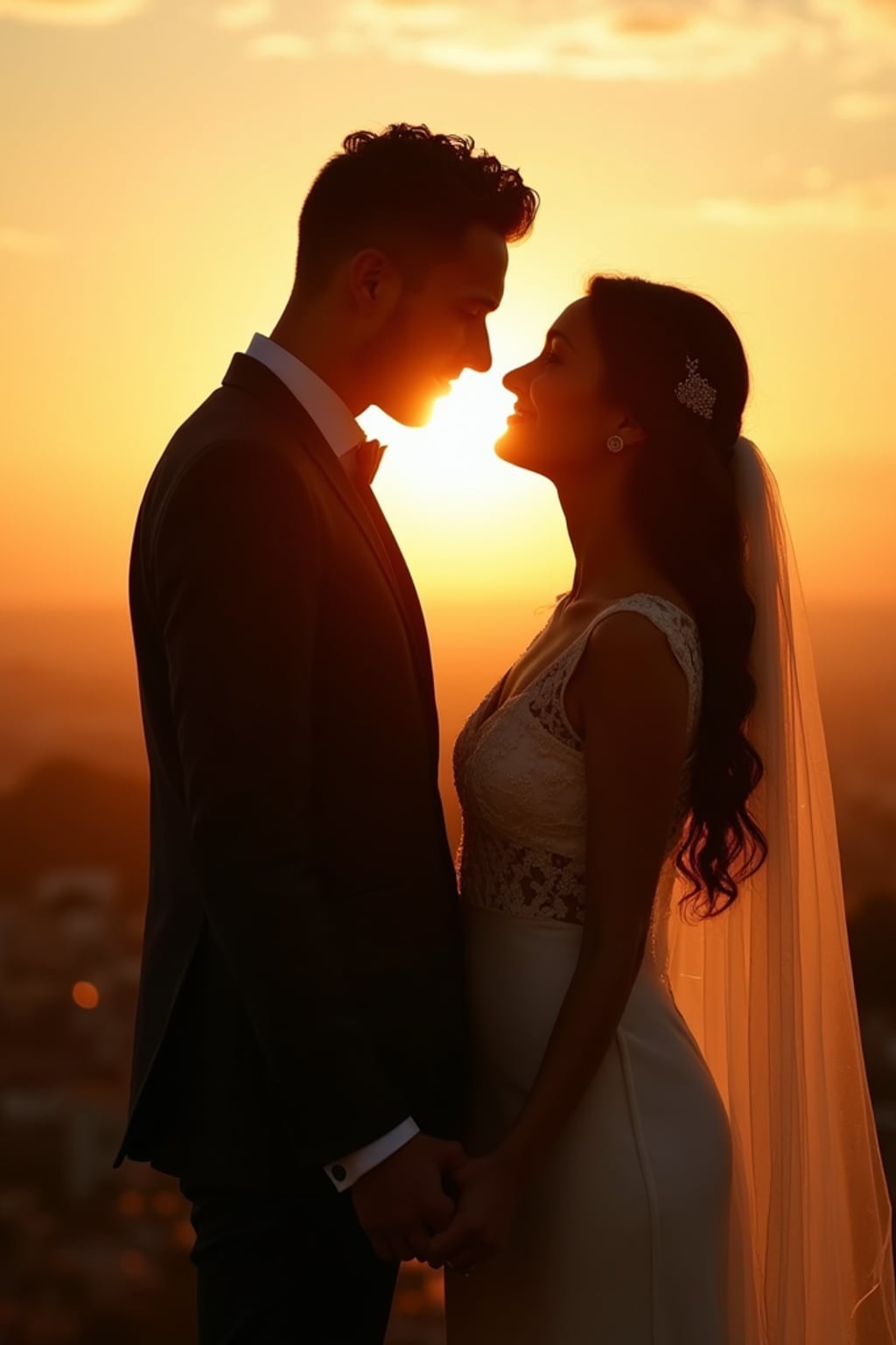 Romantic pre-wedding photoshoot at golden hour.  Wearing a stylish suit . Holding hands, looking into each other’s eyes, dreamy sunset background.