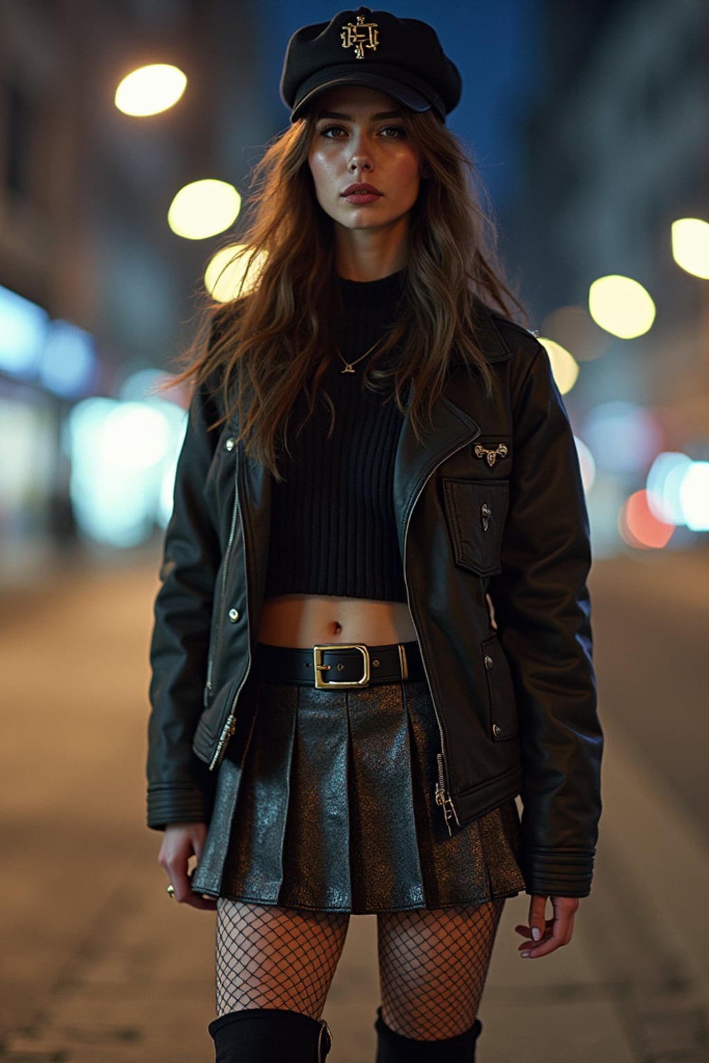 E-Girl streetwear fashion shoot. Fishnet stockings, pleated skirt, chunky boots . Urban background, city lights.