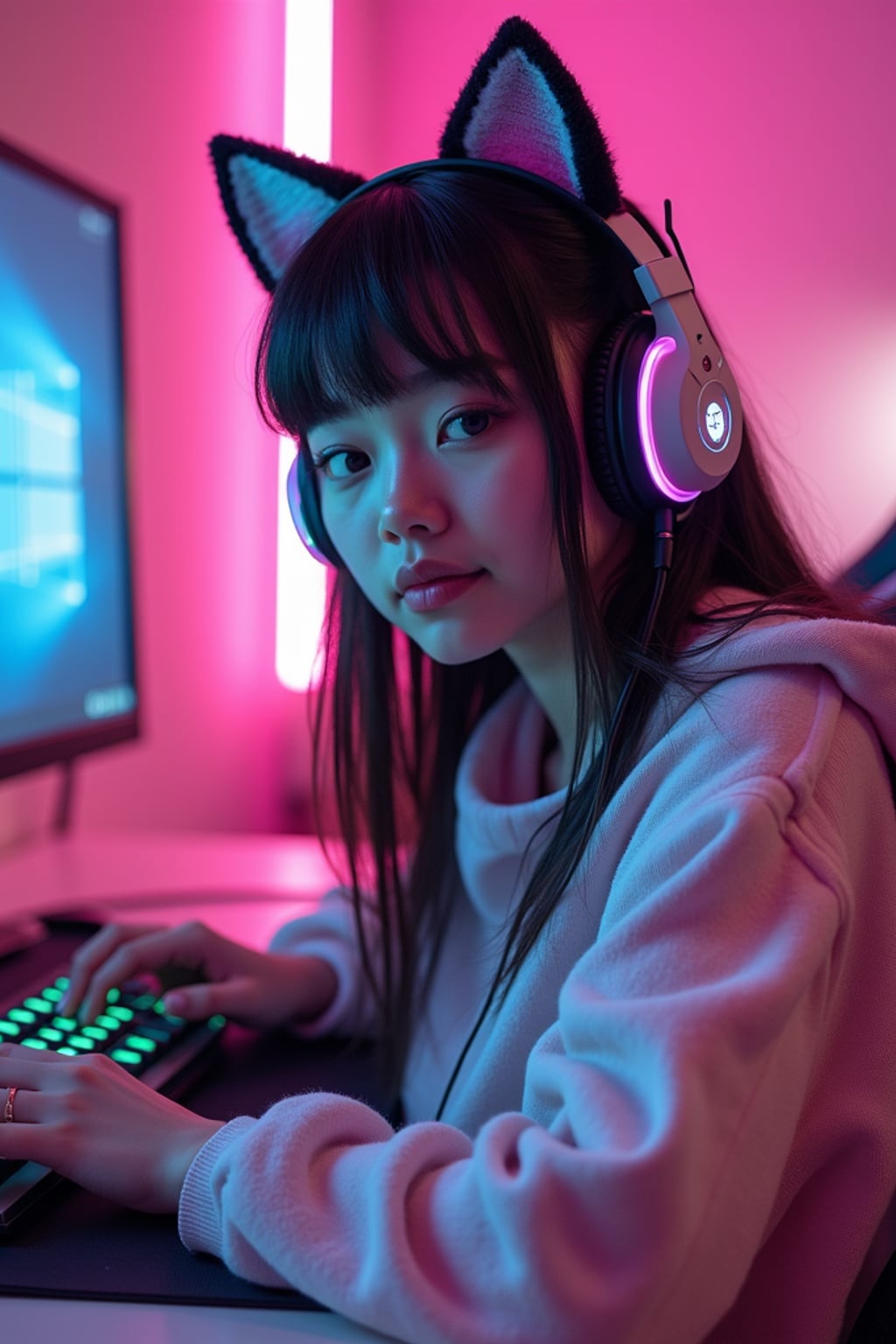 Gaming E-Girl photoshoot. Cat ear headphones, neon-lit gaming room, pastel sweater . Streaming setup aesthetic.