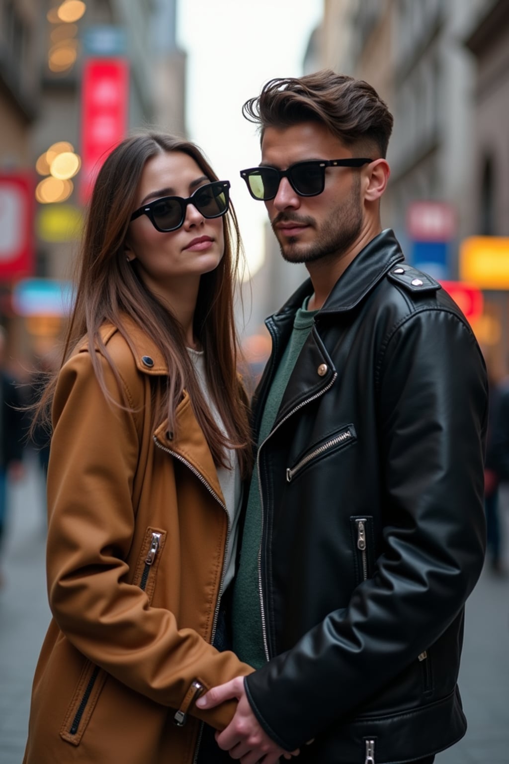 Engagement photoshoot in the middle of a lively city street. Wearing a trendy urban outfit, stylish sunglasses  . Cinematic street photography, blurred city lights.