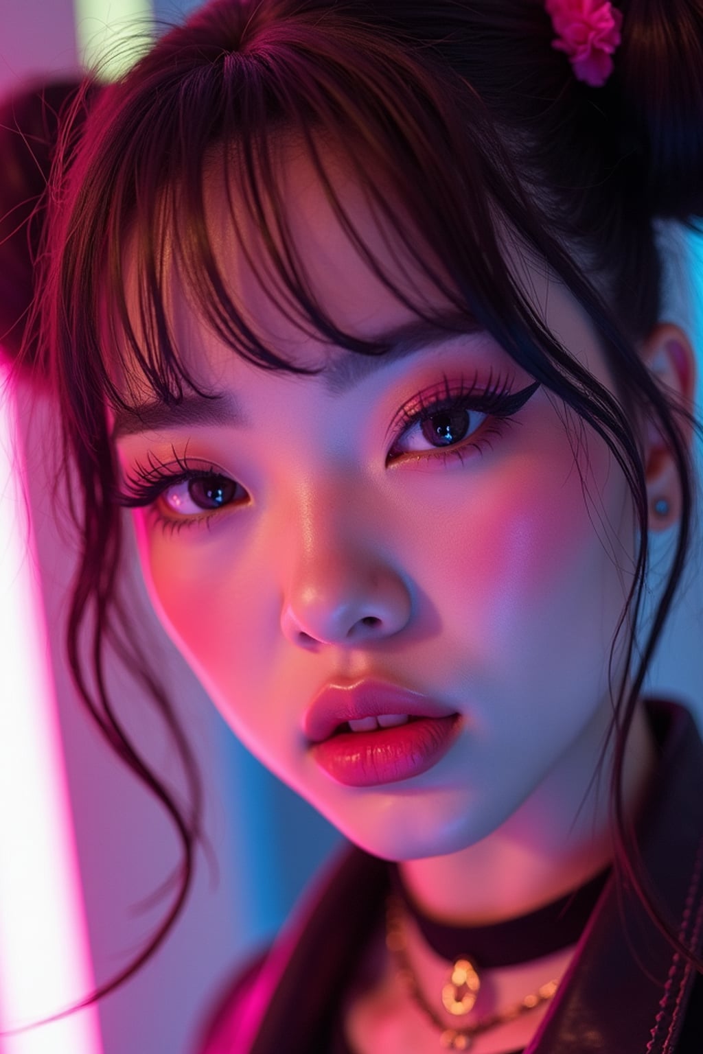 Close-up E-Girl portrait with soft goth makeup. Blush-heavy cheeks, glossy lips, dramatic eyeliner, space buns hairstyle . Neon cyberpunk background.
