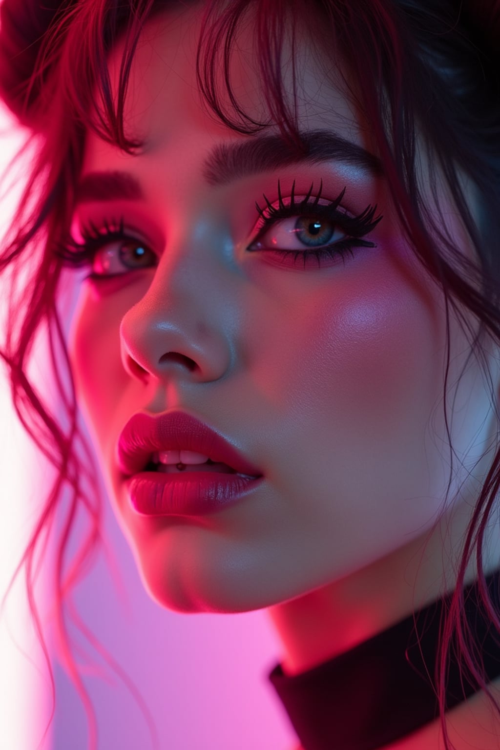 Close-up E-Girl portrait with soft goth makeup. Blush-heavy cheeks, glossy lips, dramatic eyeliner, space buns hairstyle . Neon cyberpunk background.