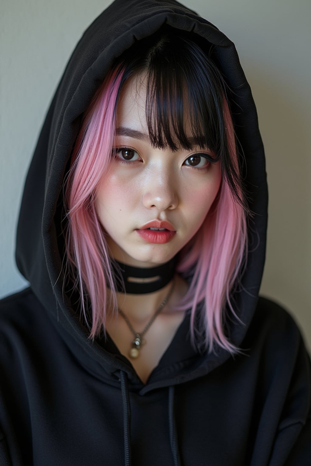 Model as an E-Girl. Wearing a black oversized hoodie, choker necklace, heavy winged eyeliner, split-dyed pastel pink and black hair . Edgy alternative fashion, TikTok aesthetic.
