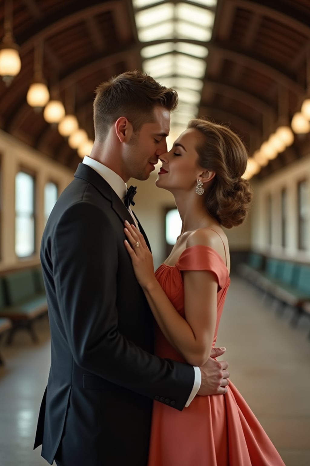 Cinematic engagement shoot at a vintage train station. Wearing a stylish 1950s-inspired dress  . Classic romance movie aesthetic.